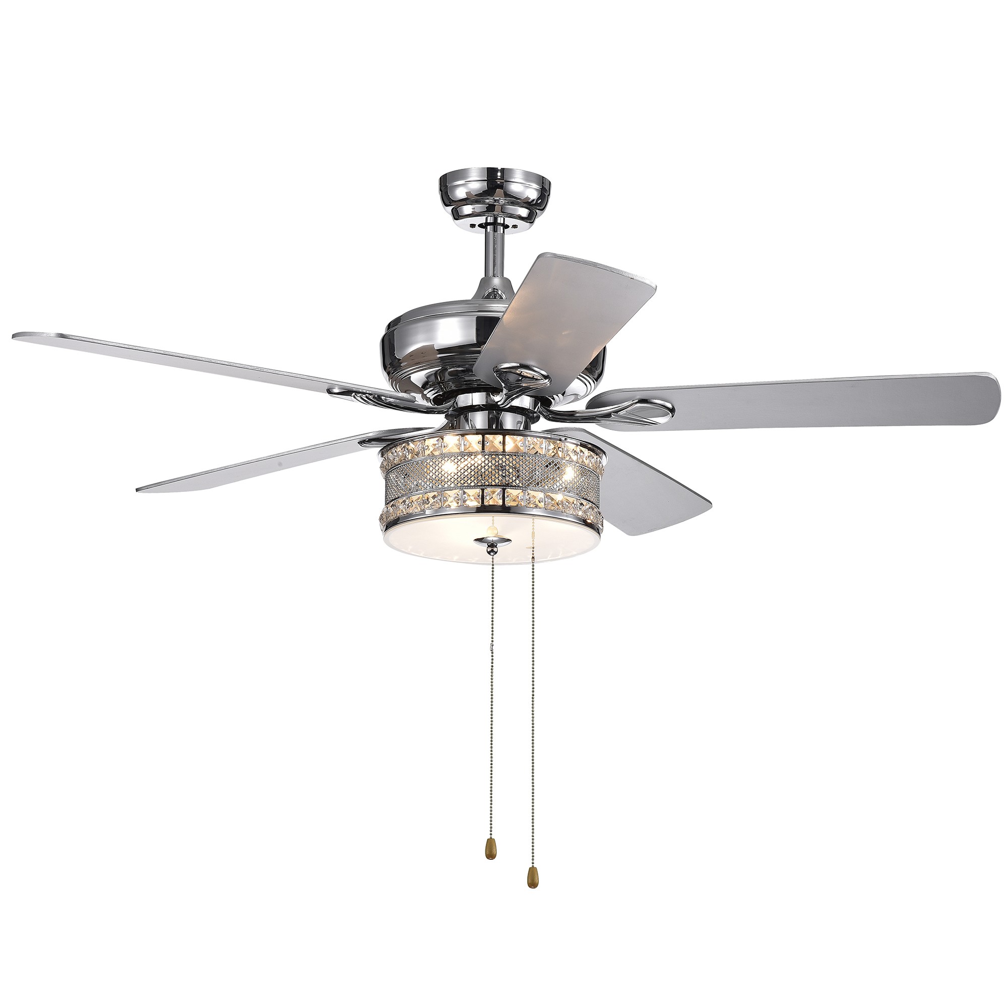 Davrin 5-Blade 52-Inch Chrome Lighted Ceiling Fans with 3-Light Crystal Drum Lamp (Optional Remote)