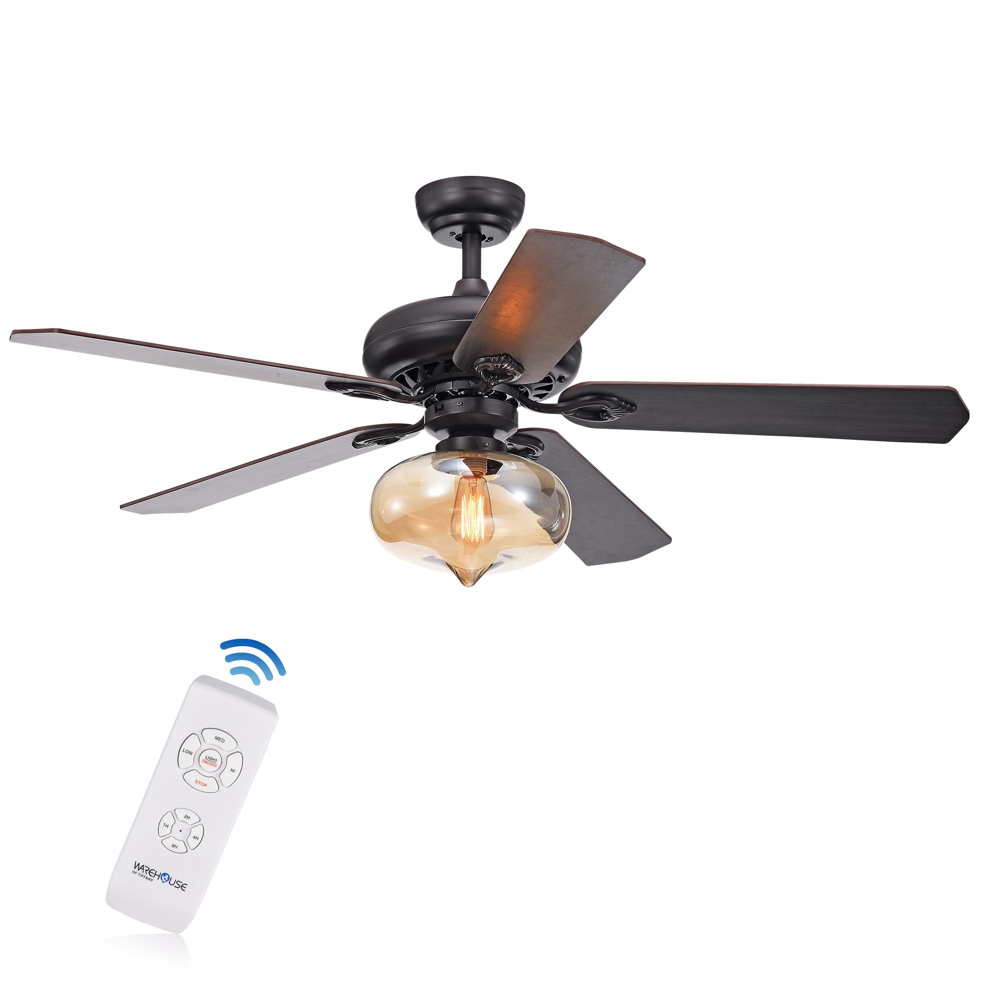 Figuera 52-Inch 5-Blade Antique Black Lighted Ceiling Fans w/ Clear Amber Glass Shade (Remote Controlled&2 Color Option Blades)