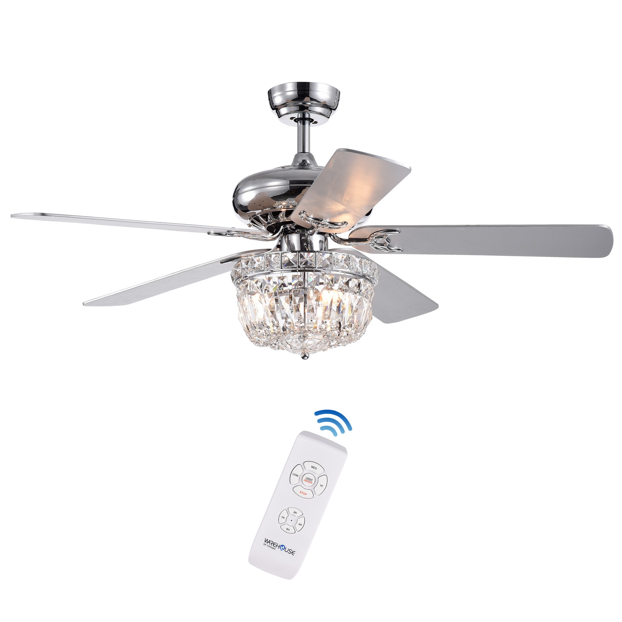Galileo 52-Inch 5-Blade Chrome Lighted Ceiling Fans with Crystal Bowl Shade Optional Remote (2 Color Blades)