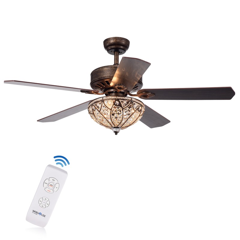 Gliska 52-Inch 5-Blade Rustic Bronze Lighted Ceiling Fans w Crystal Shade Optional Remote Control (incl 2 Color Option Blades)