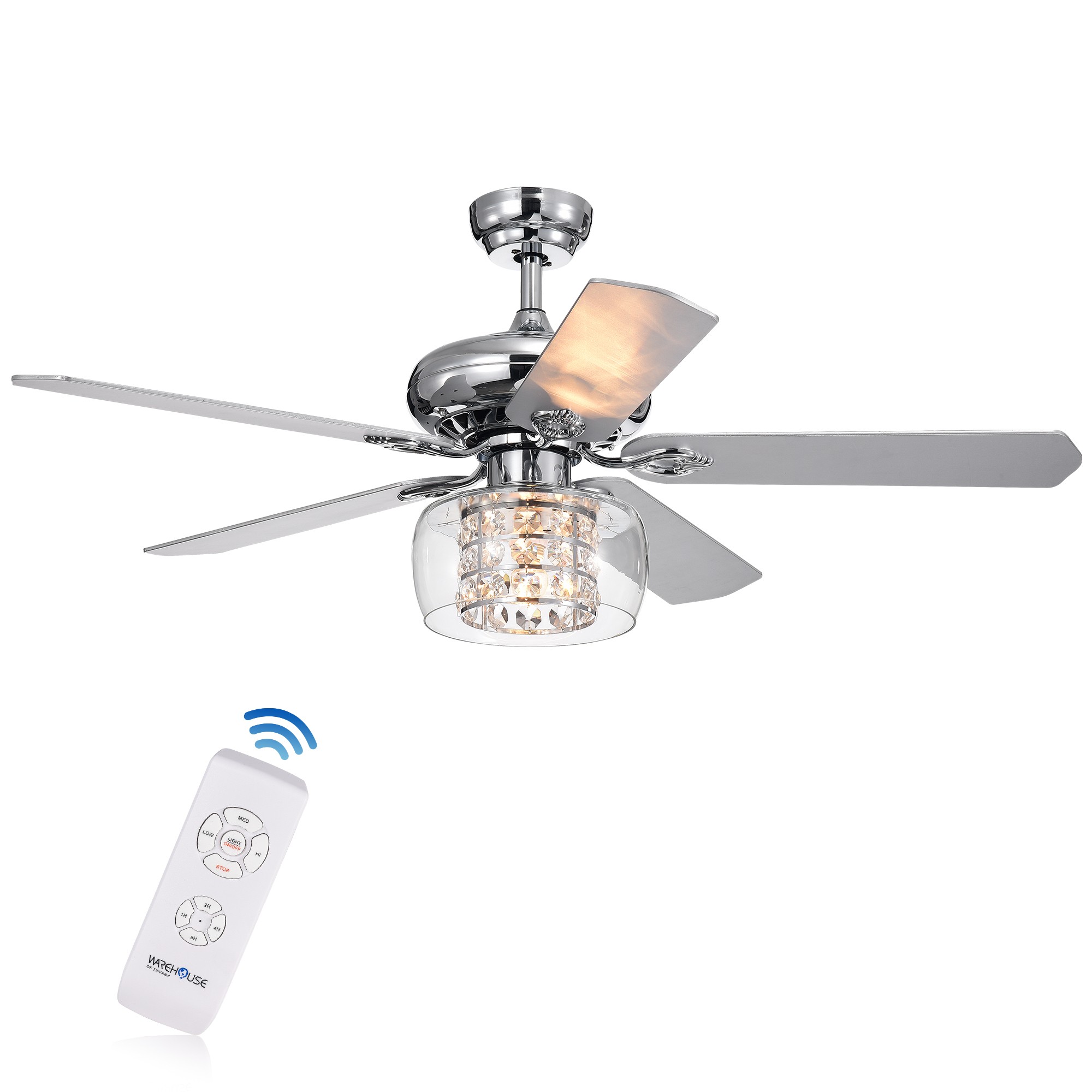 Cayten 5-Blade 52-Inch Chrome Lighted Ceiling Fans with Crystal Shade (Remote Controlled)