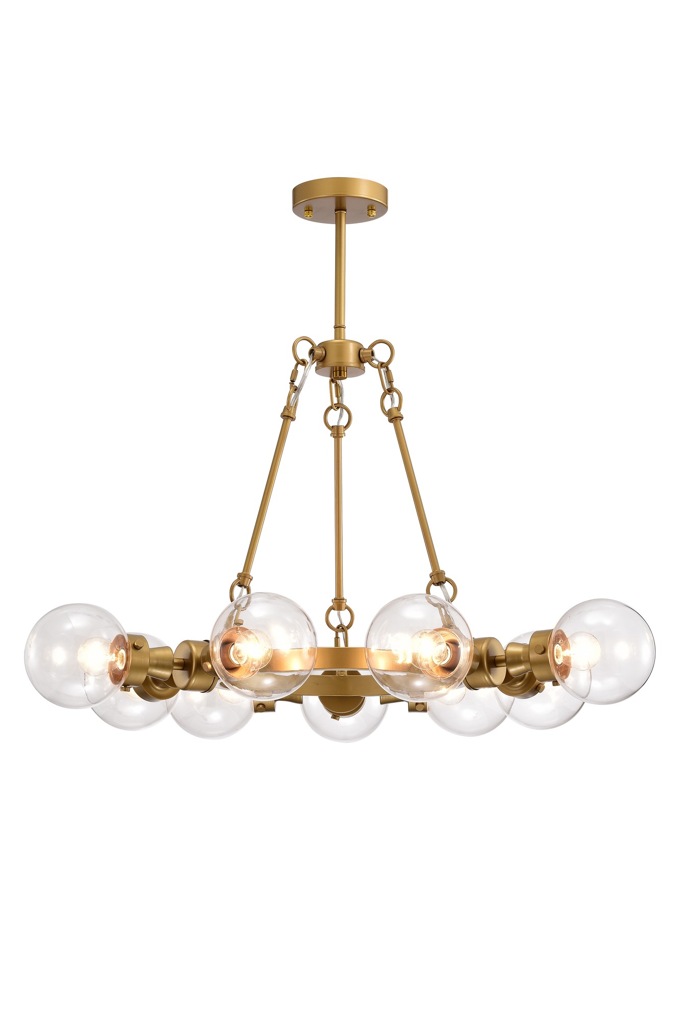 Chasen Matte Gold 9-Light 31-Inch Wagon Wheel Chandelier with Clear Glass Globe Shades