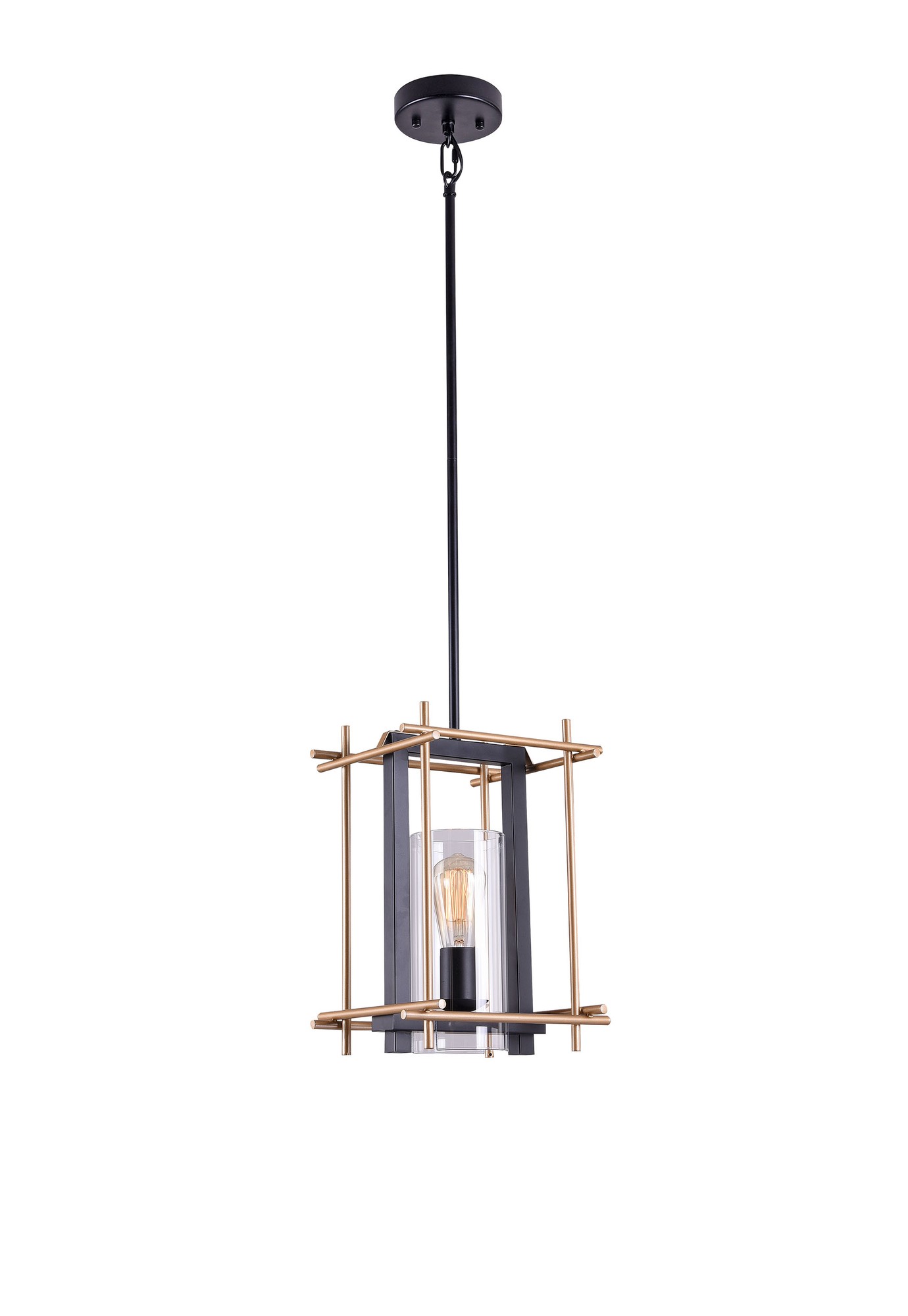Braum Matte Black+Gold-Bronze Rectangle Metal Cage 1-Light Pendant with Cylinder Clear Glass Shade