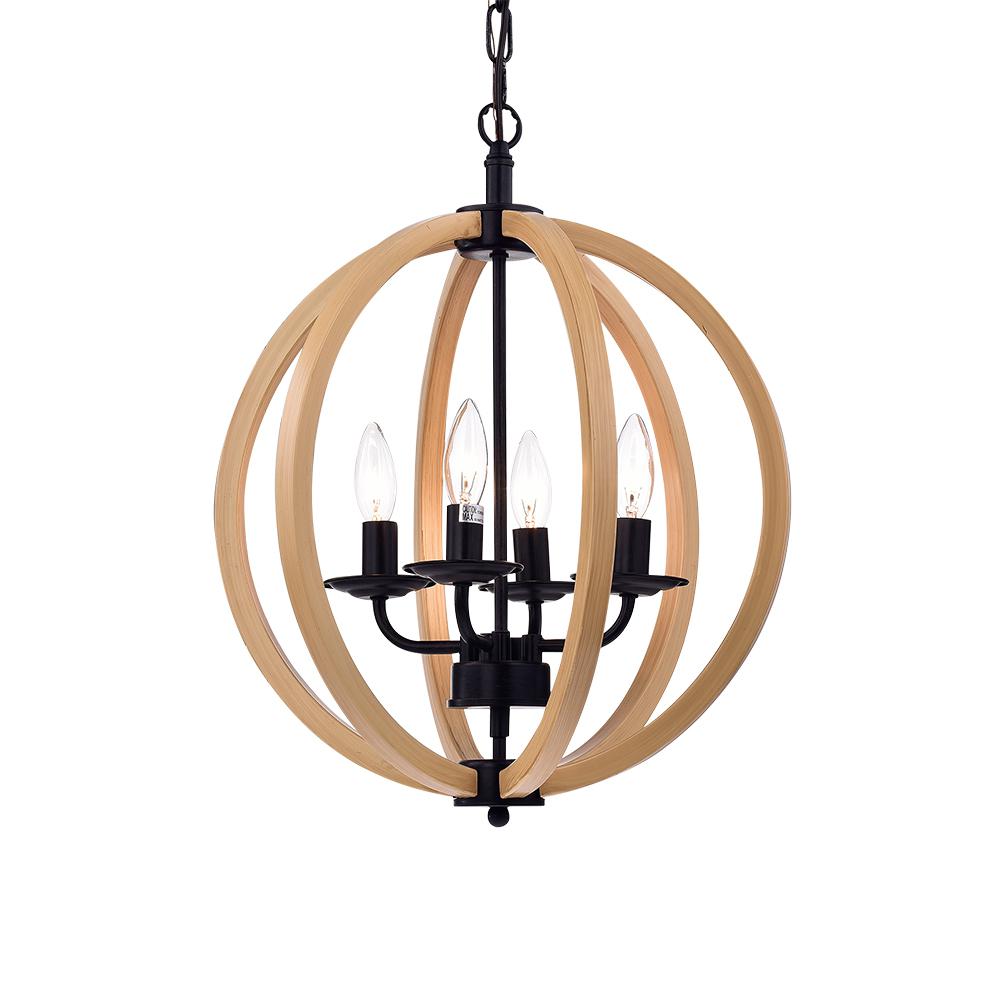 Fedelmid Black and Faux Wood Finish 16-inch Round Pendant Lamp