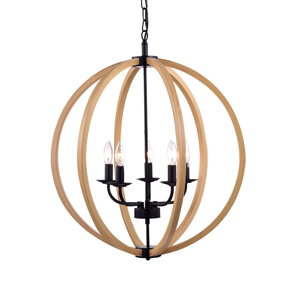 Fedelmid Black Natural Wood 24-inch Round Pendant Lamp