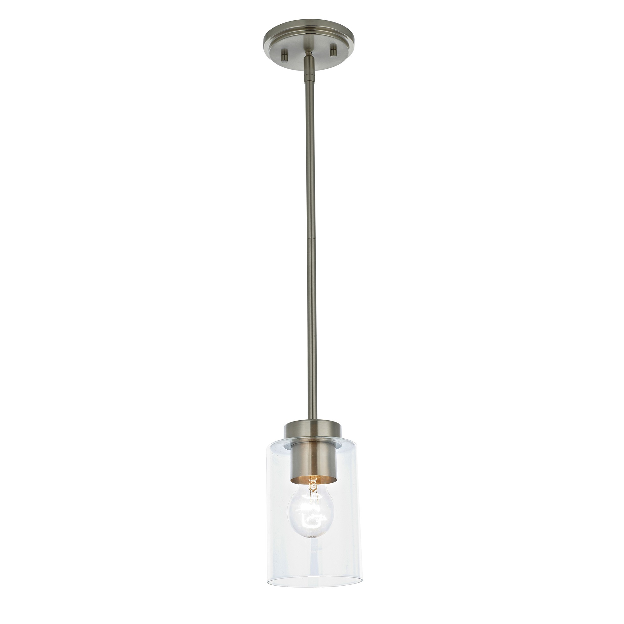 Cameron Brushed Nickel 1-Light Metal Pendant Light with Clear Glass Cylinder Shade