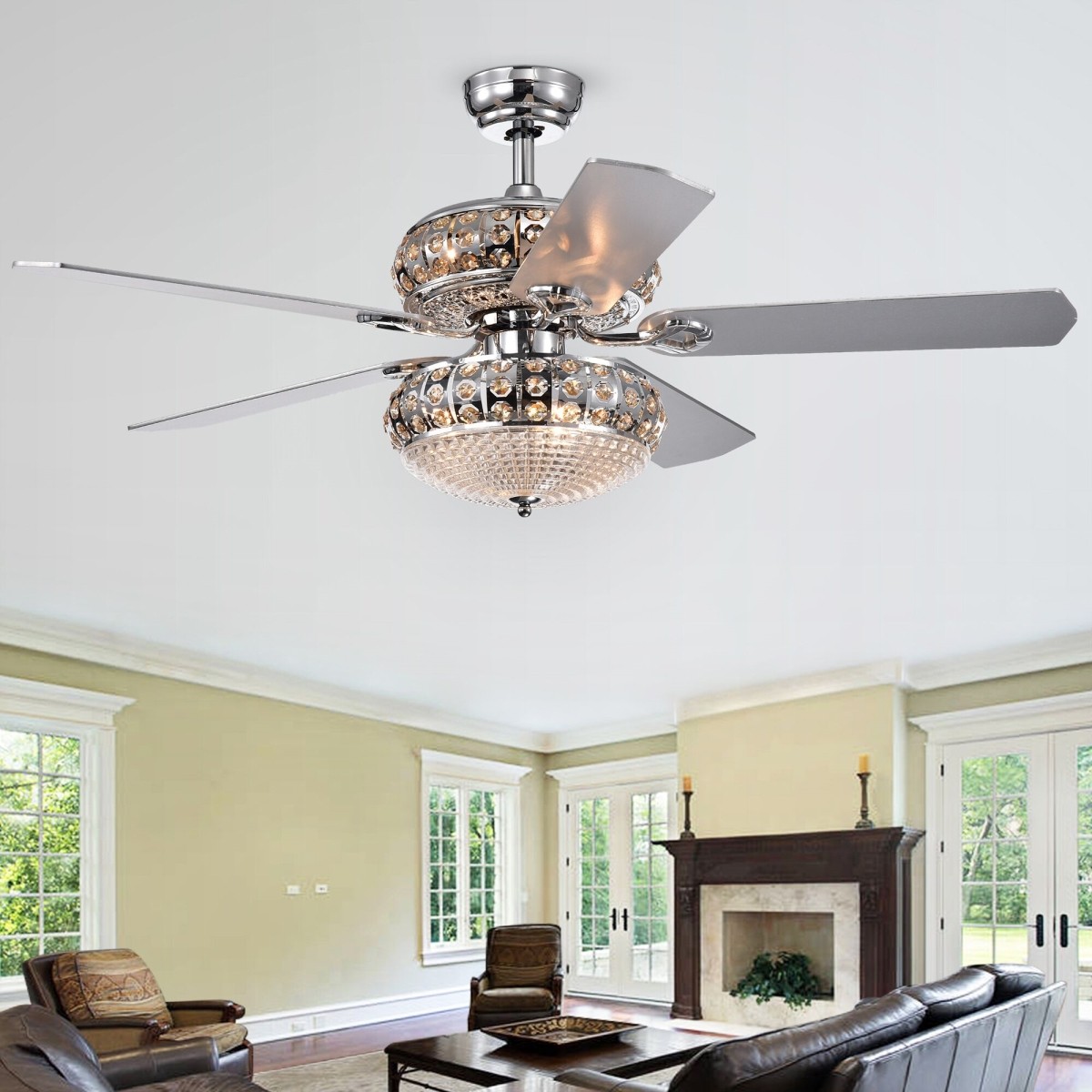Becsdale Dual Lamp 52-Inch 5-Blade Lighted Ceiling Fan with Crystal Chandelier (incl Remote and 2 Color Option Fan Blades)