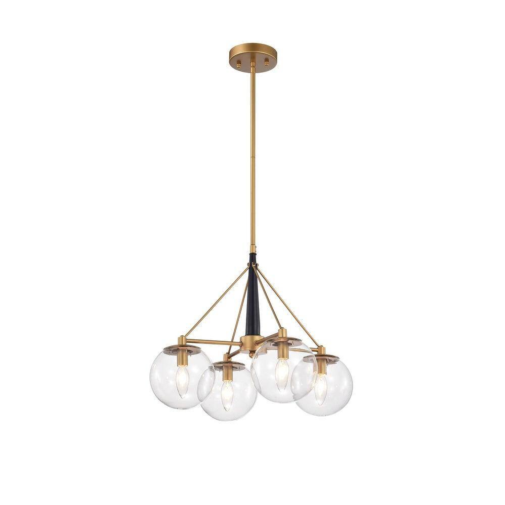 Fidel Matte Black+Gold 4-Light Chandelier with Clear Glass Globe Shades