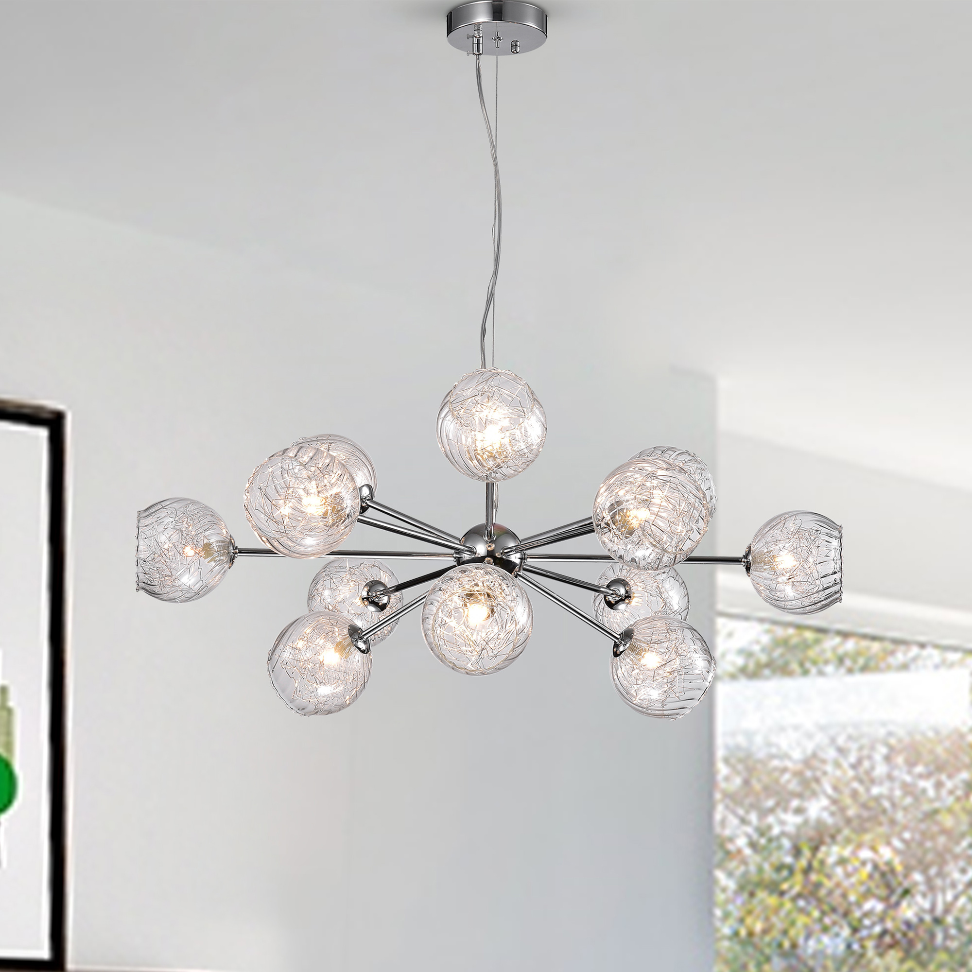 Ginherd Chrome 12-Light Satellite Chandelier with Clear Twisted Rib Glass Shades