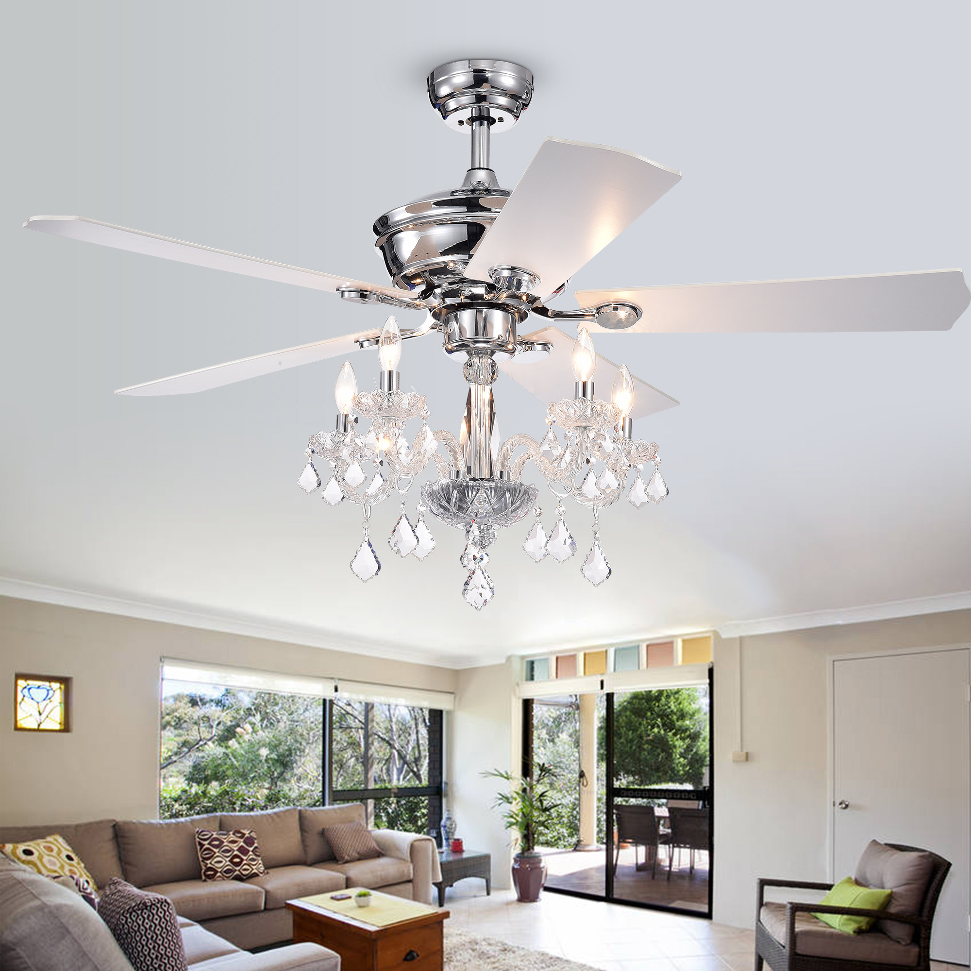 Havorand III 52-inch 5-light Chrome Lighted Ceiling Fans w/Crystal Branched Chandelier(Remote Controlled&2 Color Option Blades)