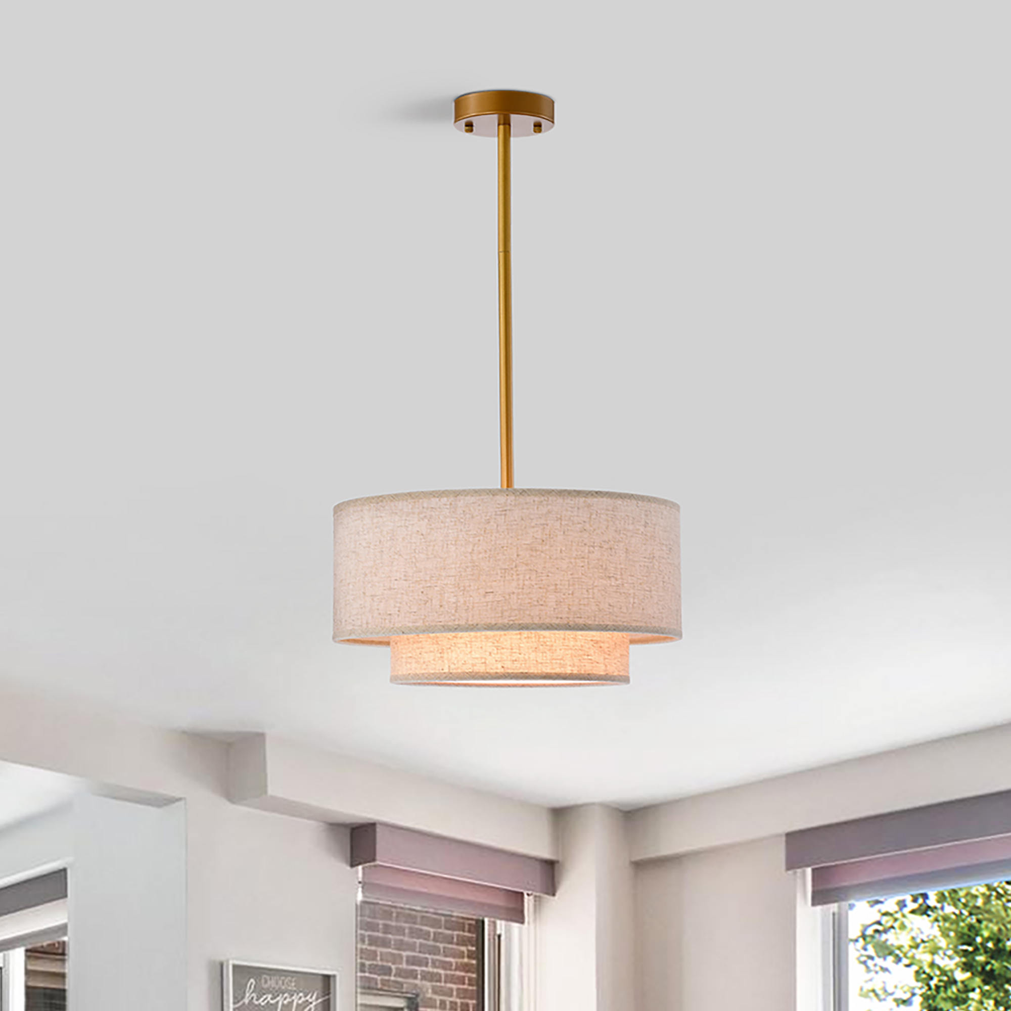 Alena Matte Gold 3-Light Two-Tier Fabric Drum Shade Chandelier