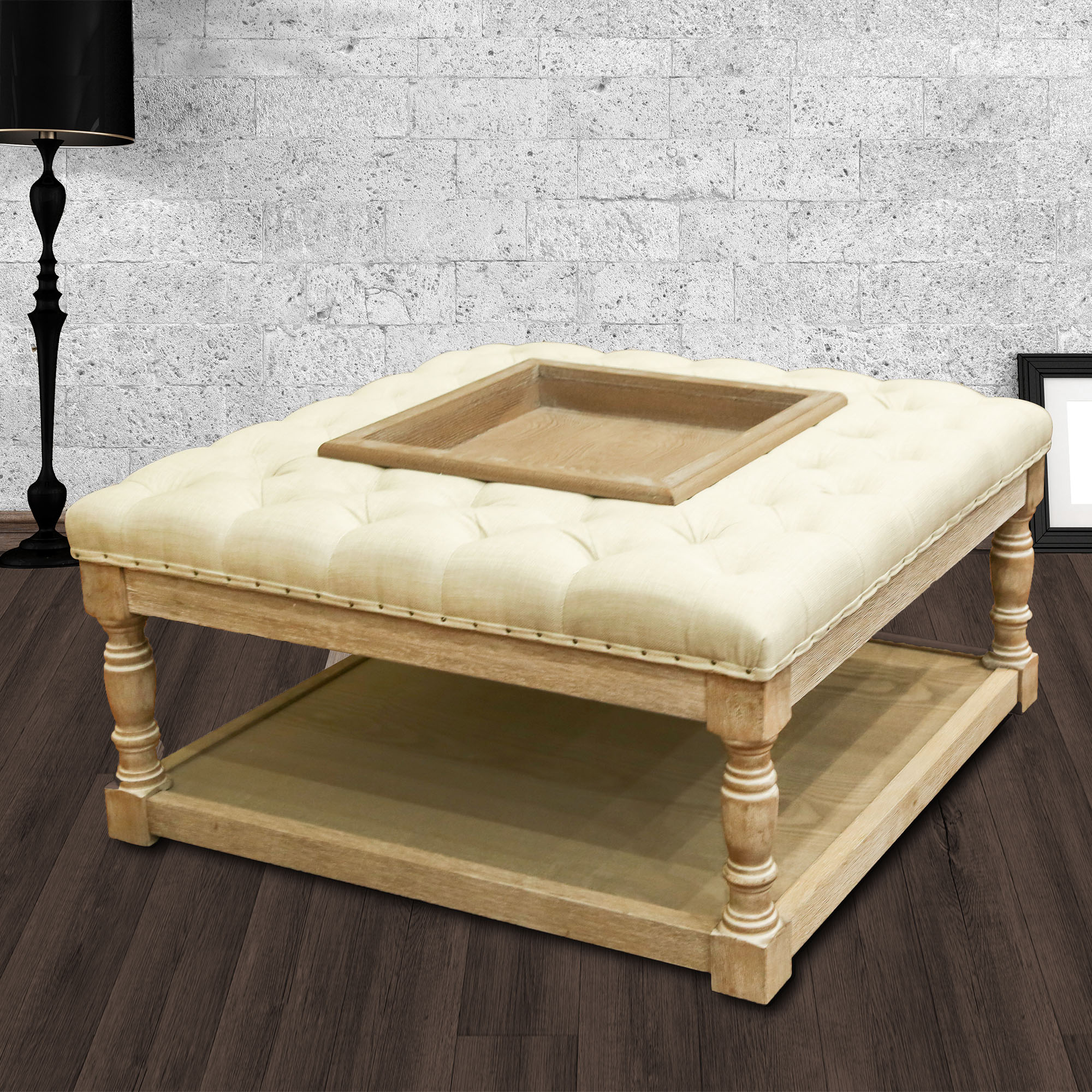 Besmore 34-inch Natural Tufted Cocktail Ottoman Recessed Center Tray
