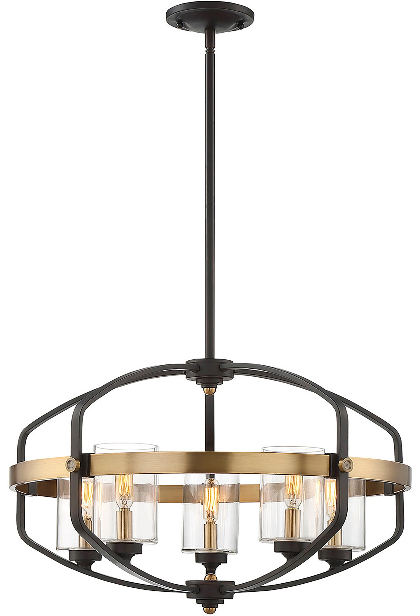 Deiter Oil Rubbed Bronze+Brass 5-Light Open Metal Cage Chandelier with Clear Glass Cylinder Shades