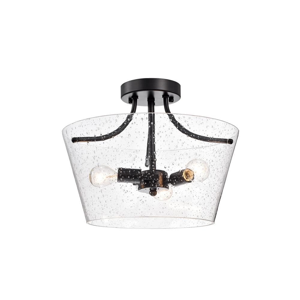 Ambrose Matte Black 3-Light Clear Seeded Glass Shade Semi-Flush Mount