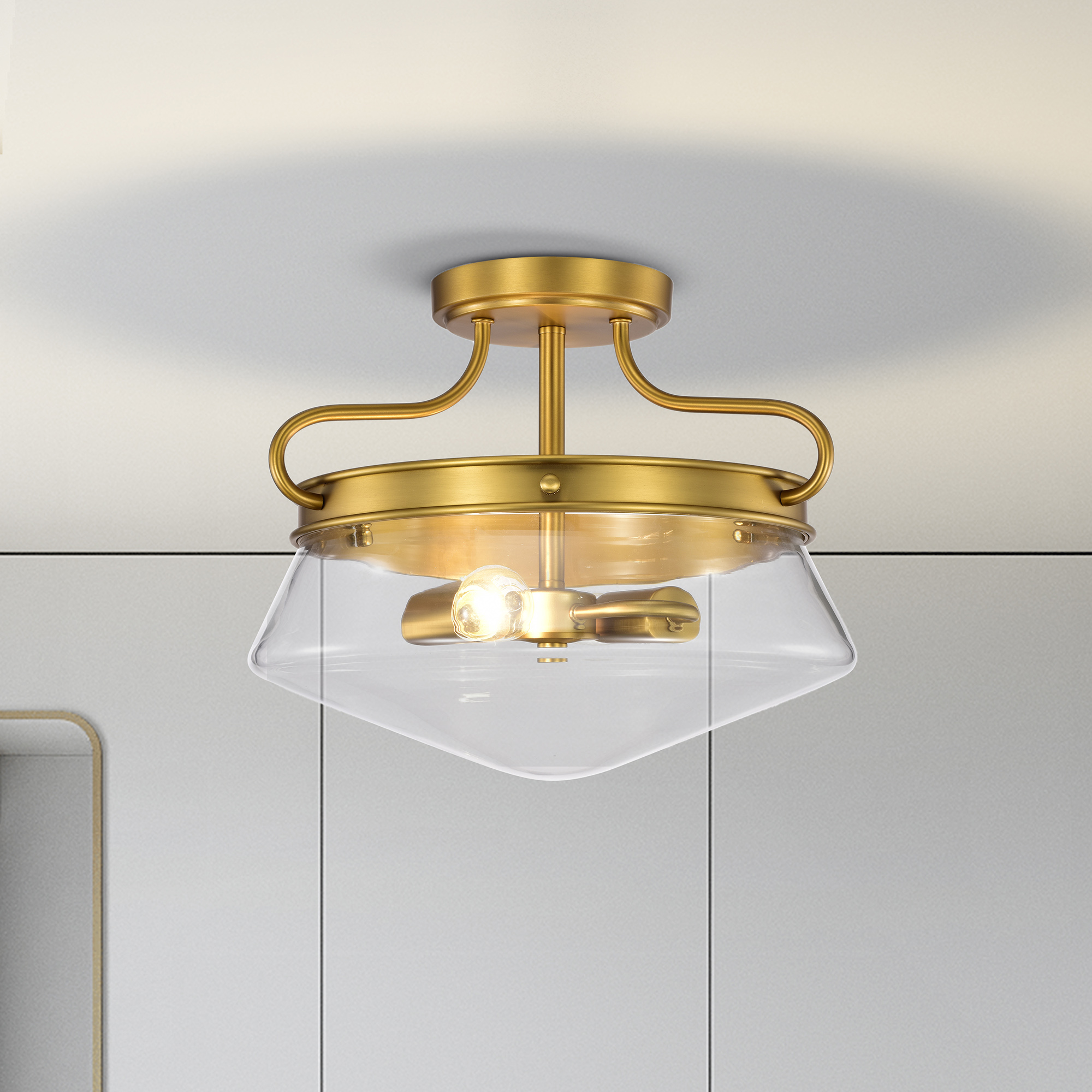 Elize Aged Brass 2-Light Metal & Glass Bowl Shade Semi-Flush Mount
