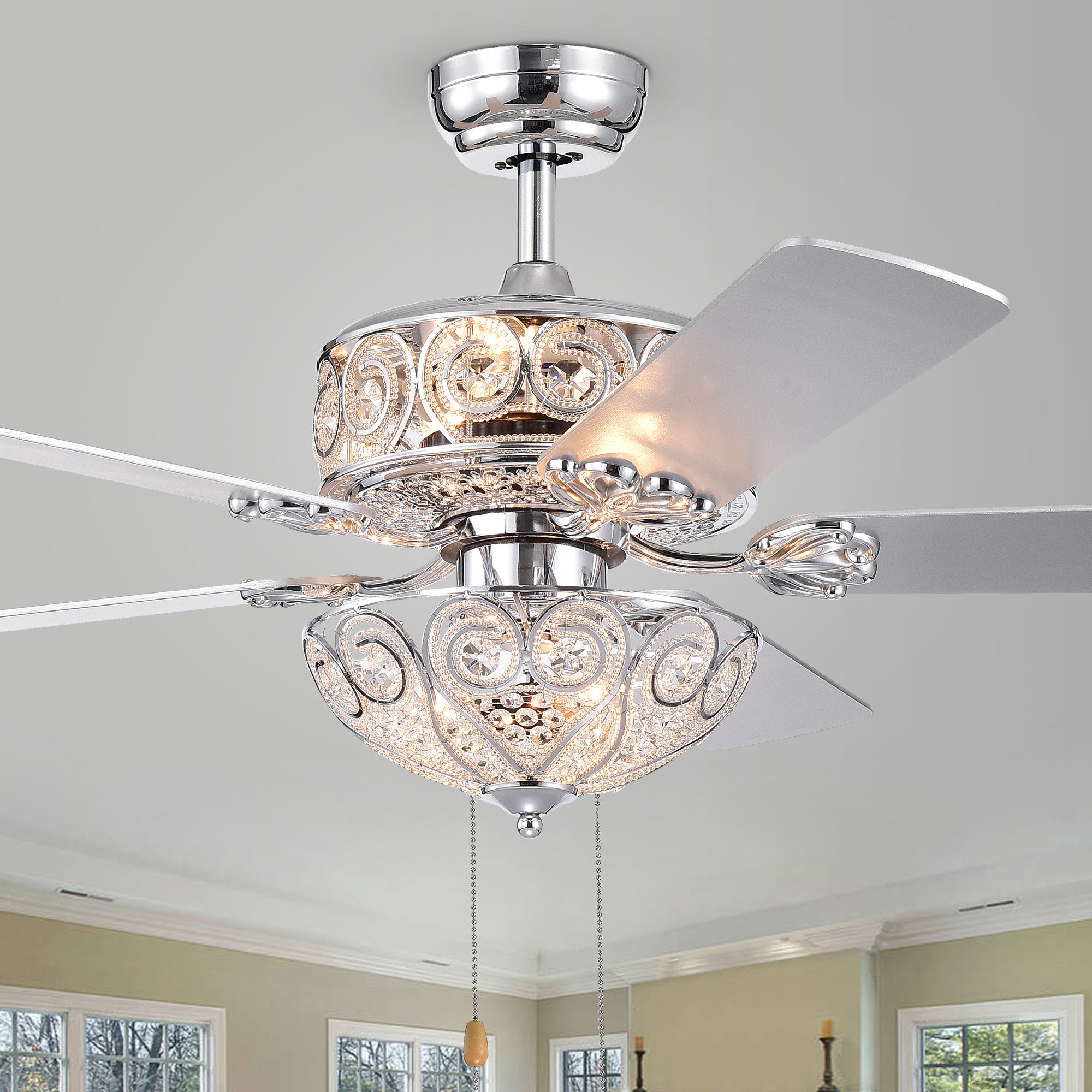 Indoor Chrome Finish Hand Pull Chain Ceiling Fan with Light Kit