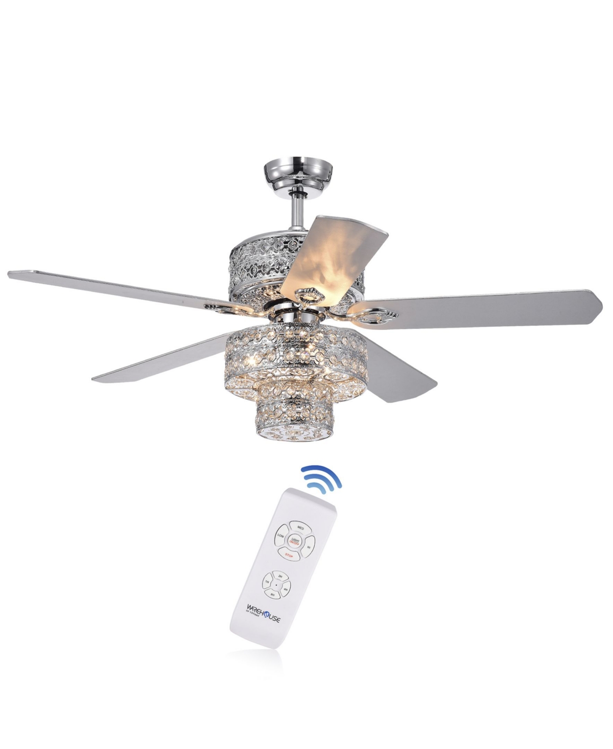 Indoor Chrome Finish Remote Controlled Ceiling Fan with Light Kit
