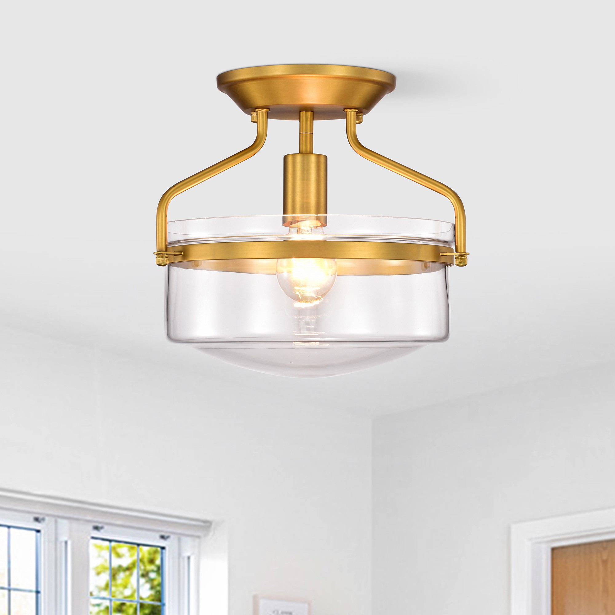 Byron 13 in. 1-Light Indoor Aged Brass Finish Semi-Flush Mount Ceiling Light with Light Kit