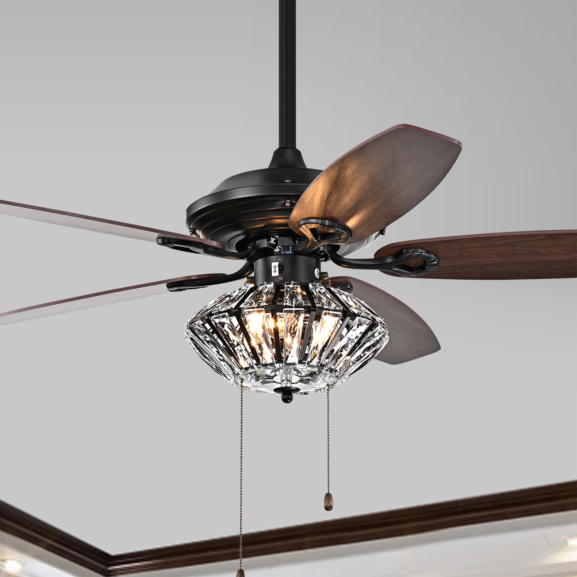 Indoor Black Finish Hand Pull Chain Ceiling Fan with Light Kit