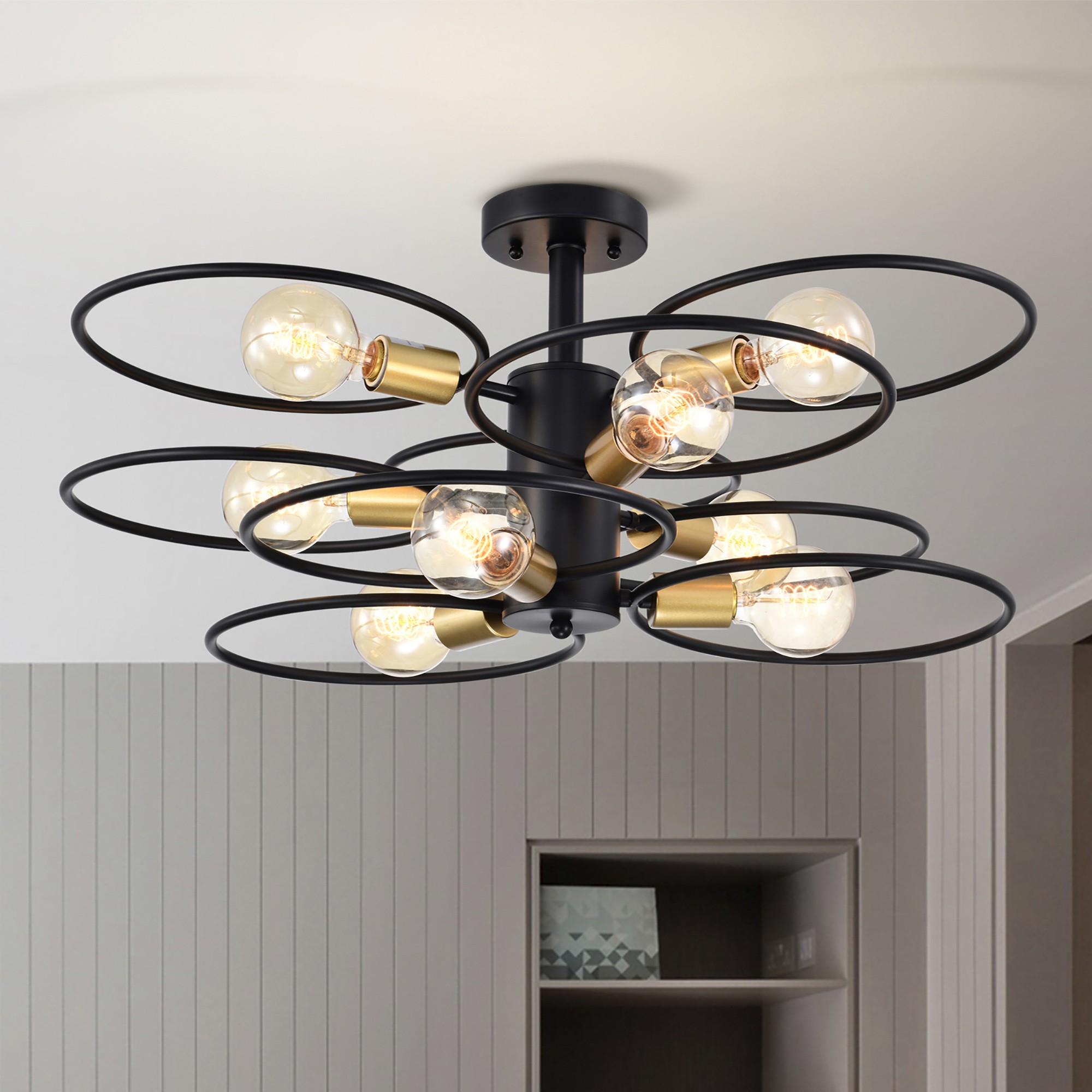 Camilla 28 in. 9-Light Indoor Matte Black Finish Semi-Flush Mount Ceiling Light with Light Kit and Remote