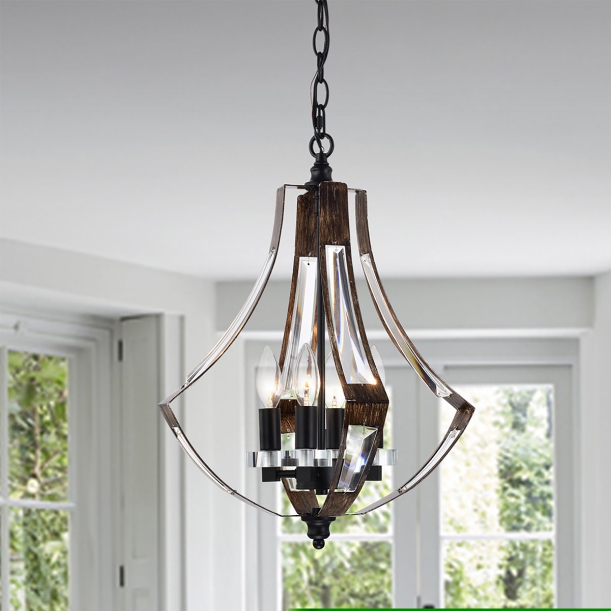Fabiola 15 in. 4-Light Indoor Matte Black and Faux Wood Grain Finish Chandelier with Light Kit