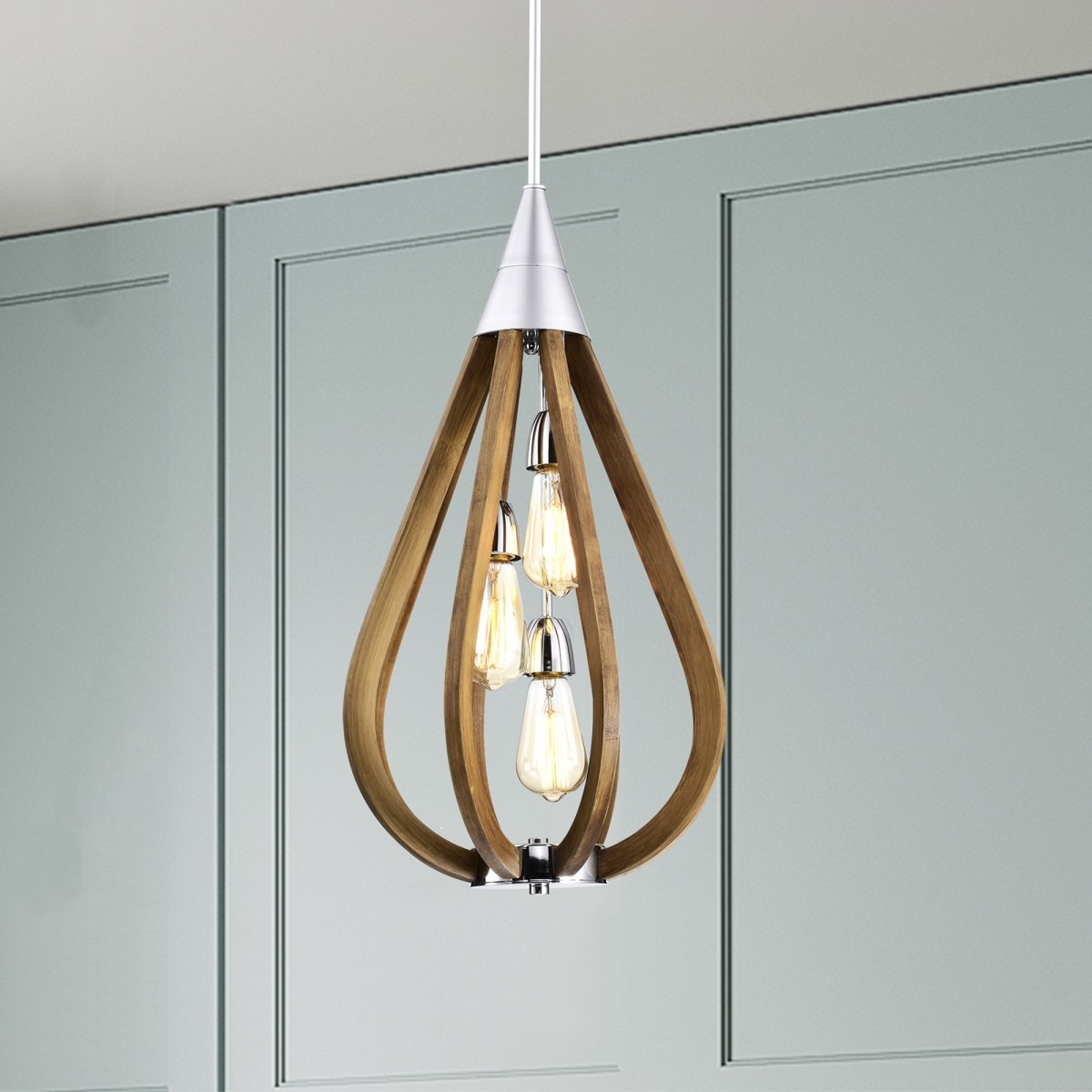 Flann 14 in. 3-Light Indoor Silver and Faux Wood Grain Finish Pendant with Light Kit