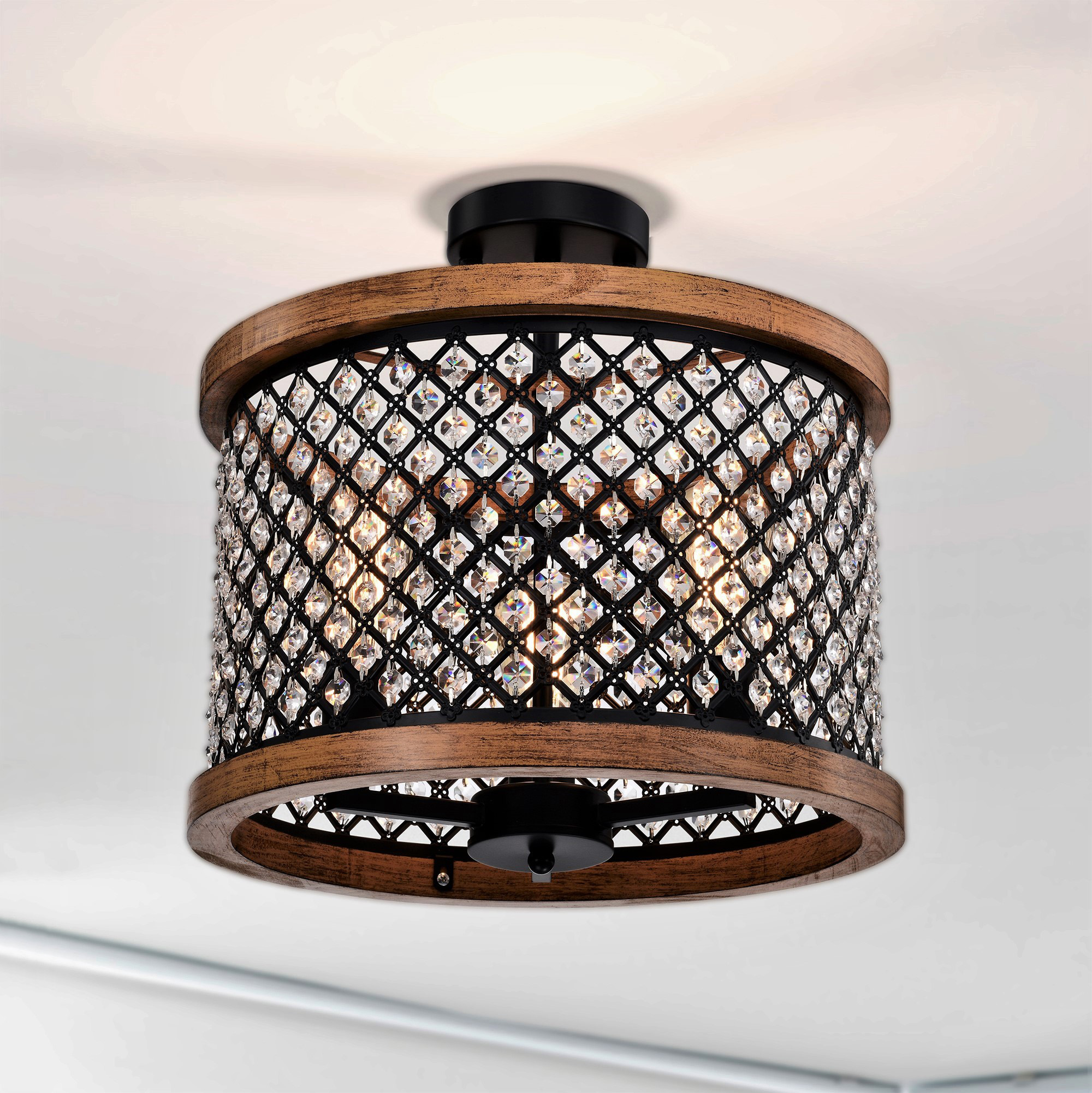 Denica 16 in. 3-Light Indoor Matte Black and Faux Wood Grain Finish Semi-Flush Mount Ceiling Light with Light Kit