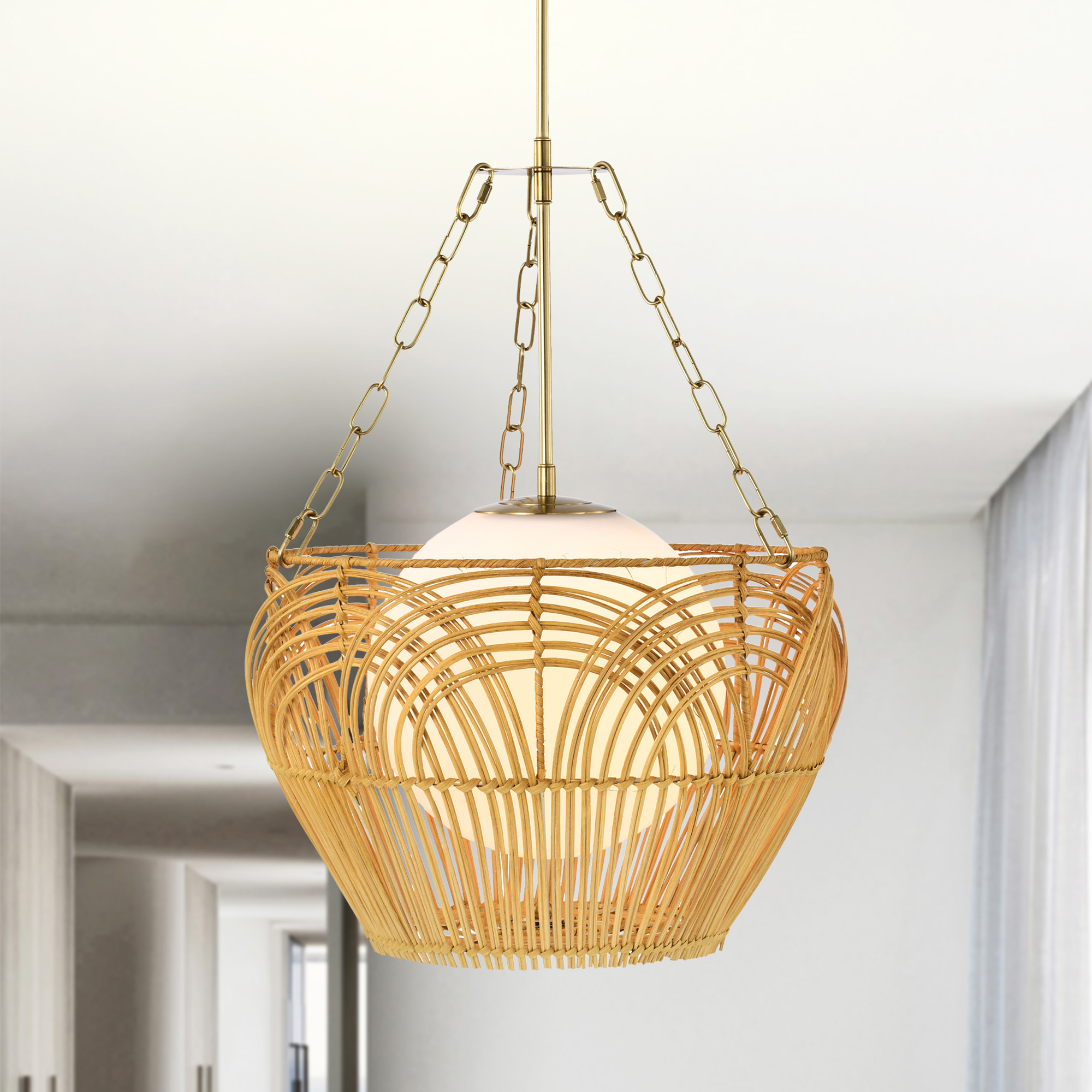 Caddie 15 in. 1-Light Indoor Brass and Woven Rattan Finish Pendant with Light Kit