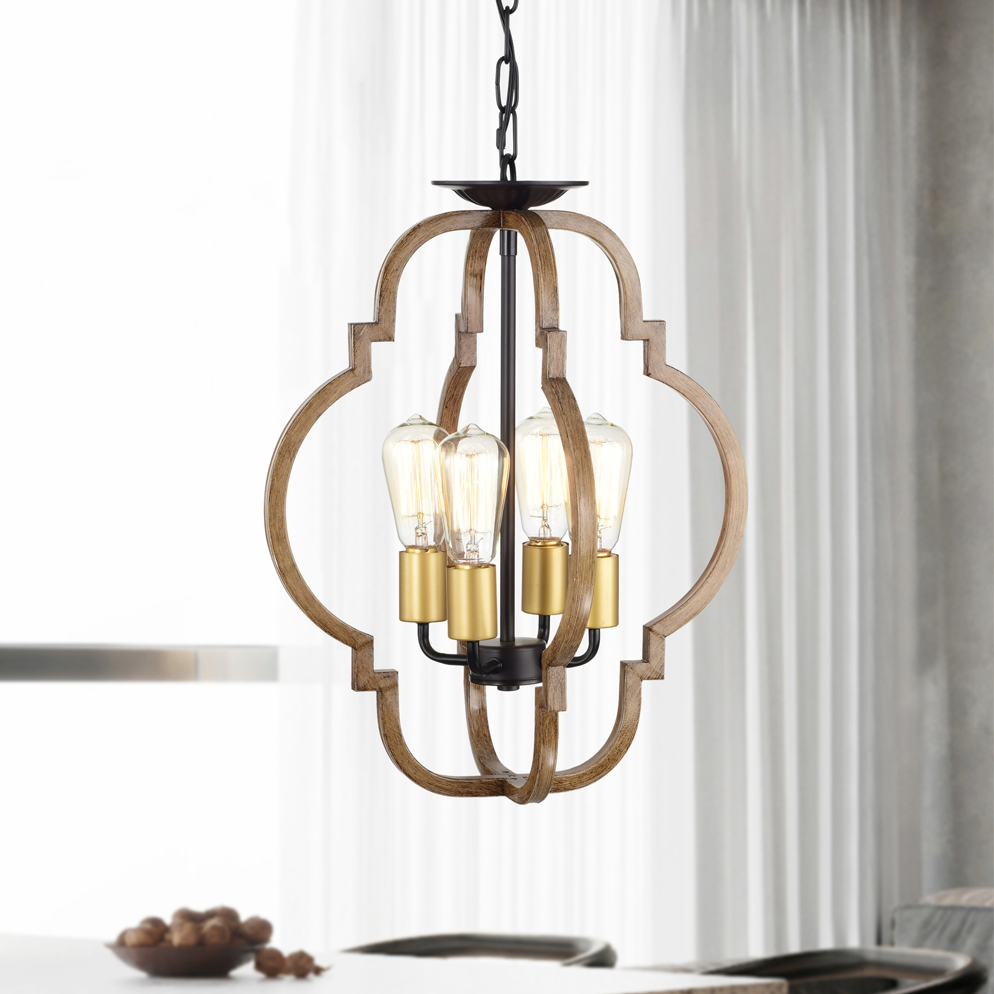 Ason 16 in. 4-Light Indoor Matte Black and Faux Wood Grain Finish Pendant with Light Kit