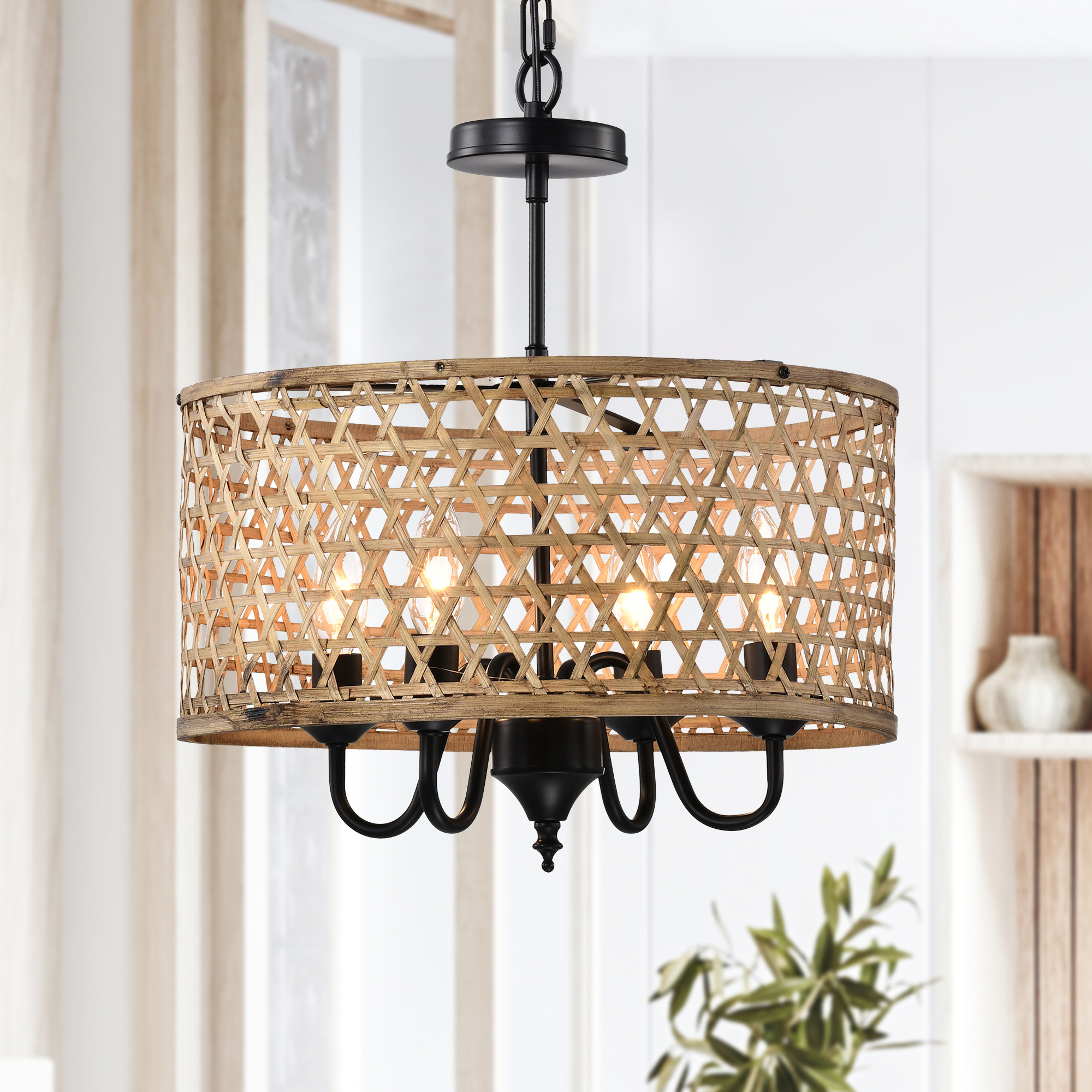 Dora 16 in. 4-Light Indoor Matte Black and Woven Rattan Finish Chandelier with Light Kit