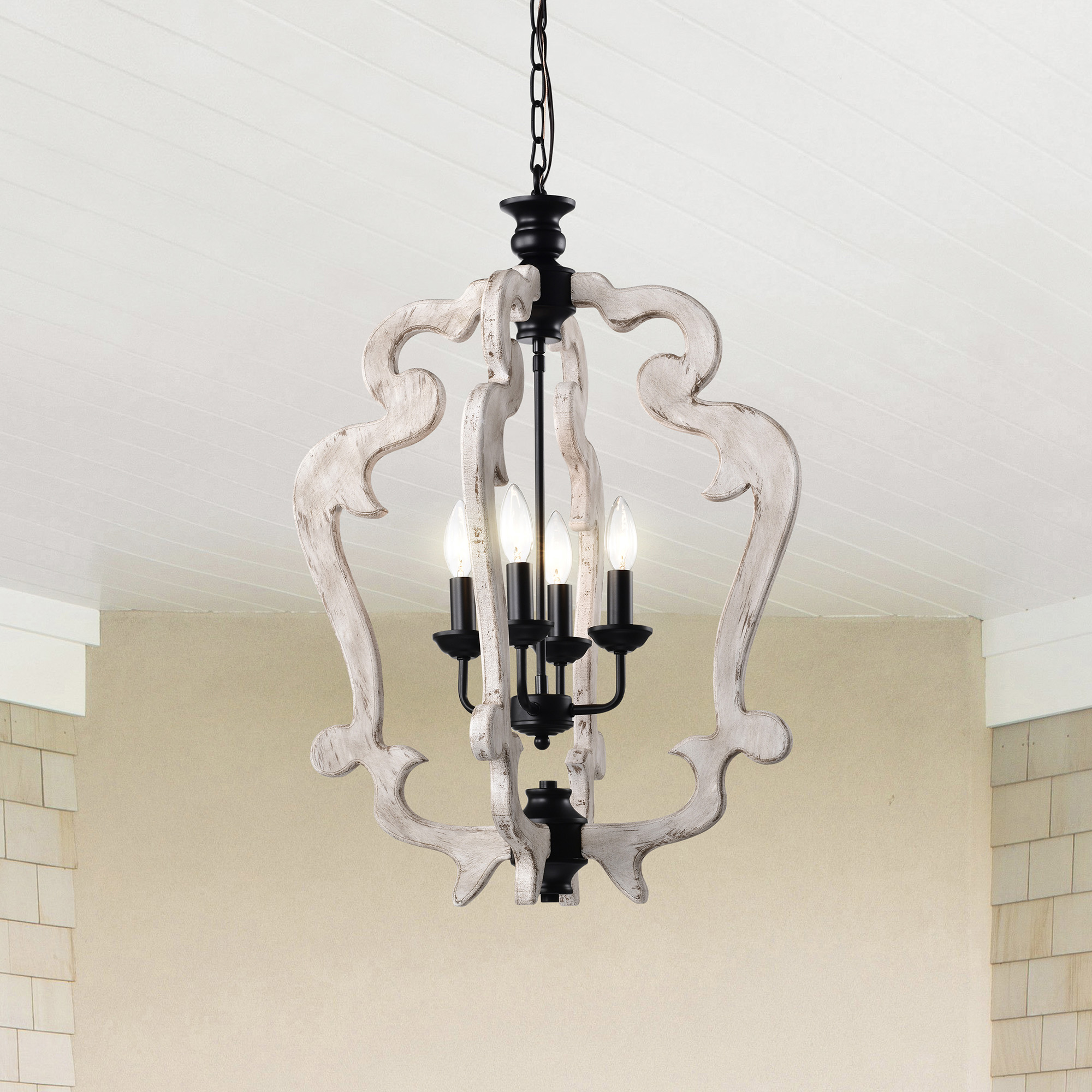 Biga 20 in. 4-Light Indoor Matte Black and Weathered White Finish Chandelier with Light Kit