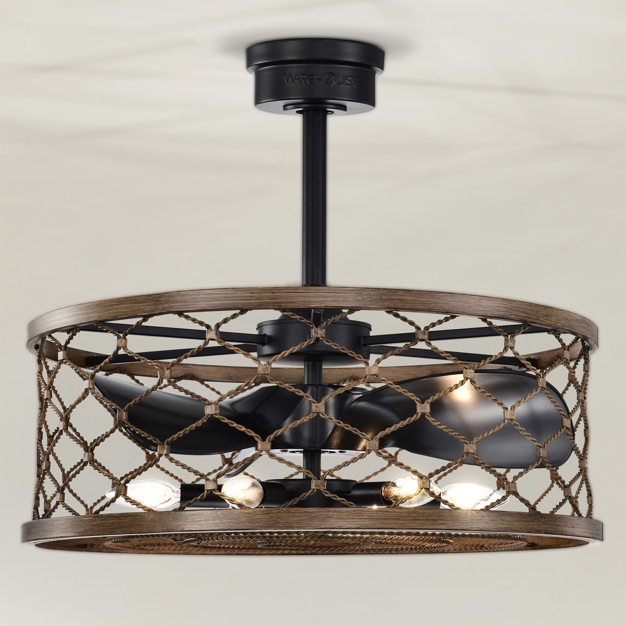 Deniz 24 in. 6-Light Indoor Matte Black and Faux Wood Grain Finish Ceiling Fan with Light Kit