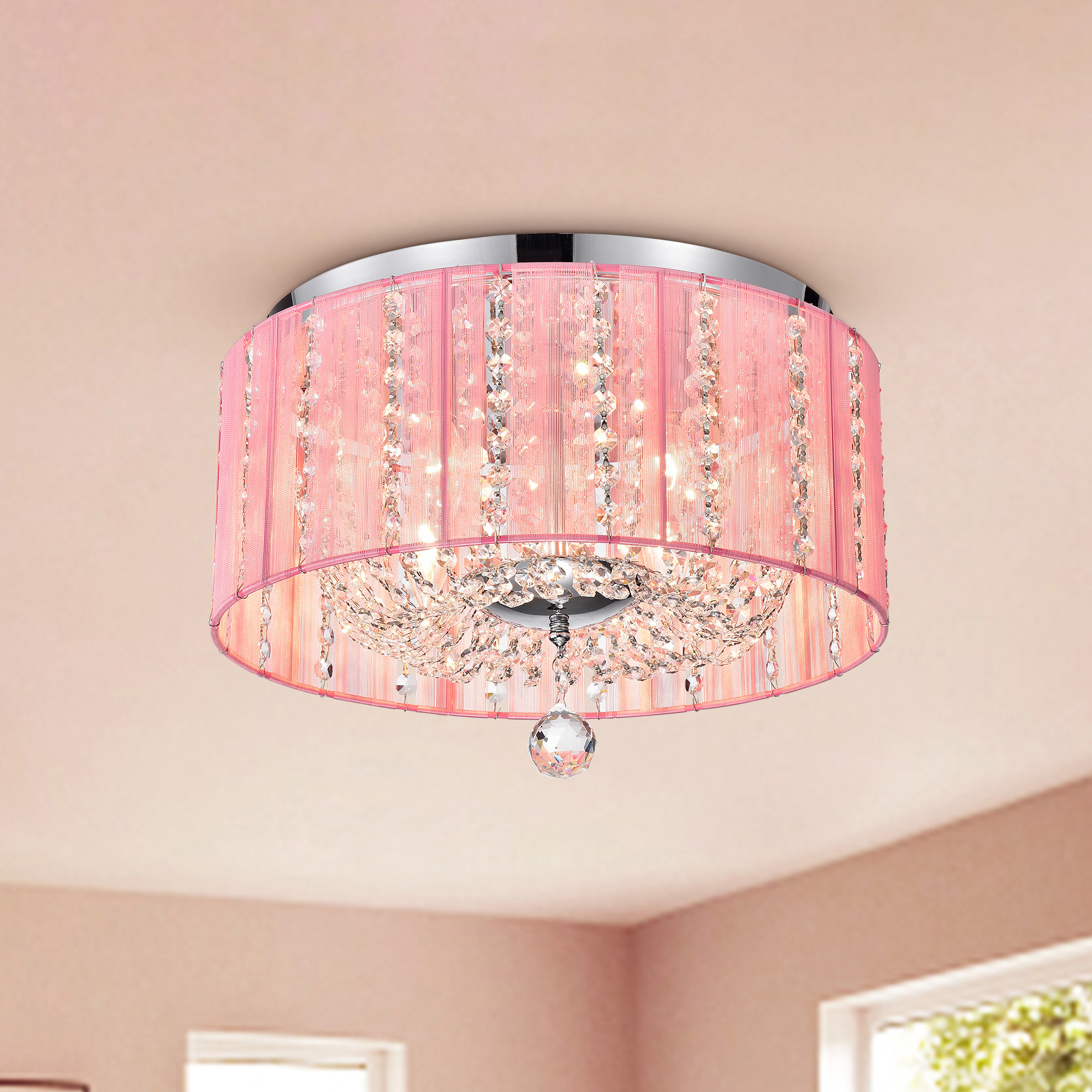 Addison 16 in. 4-Light Indoor Chrome and Pink Finish Flush Mount Ceiling Light with Light Kit