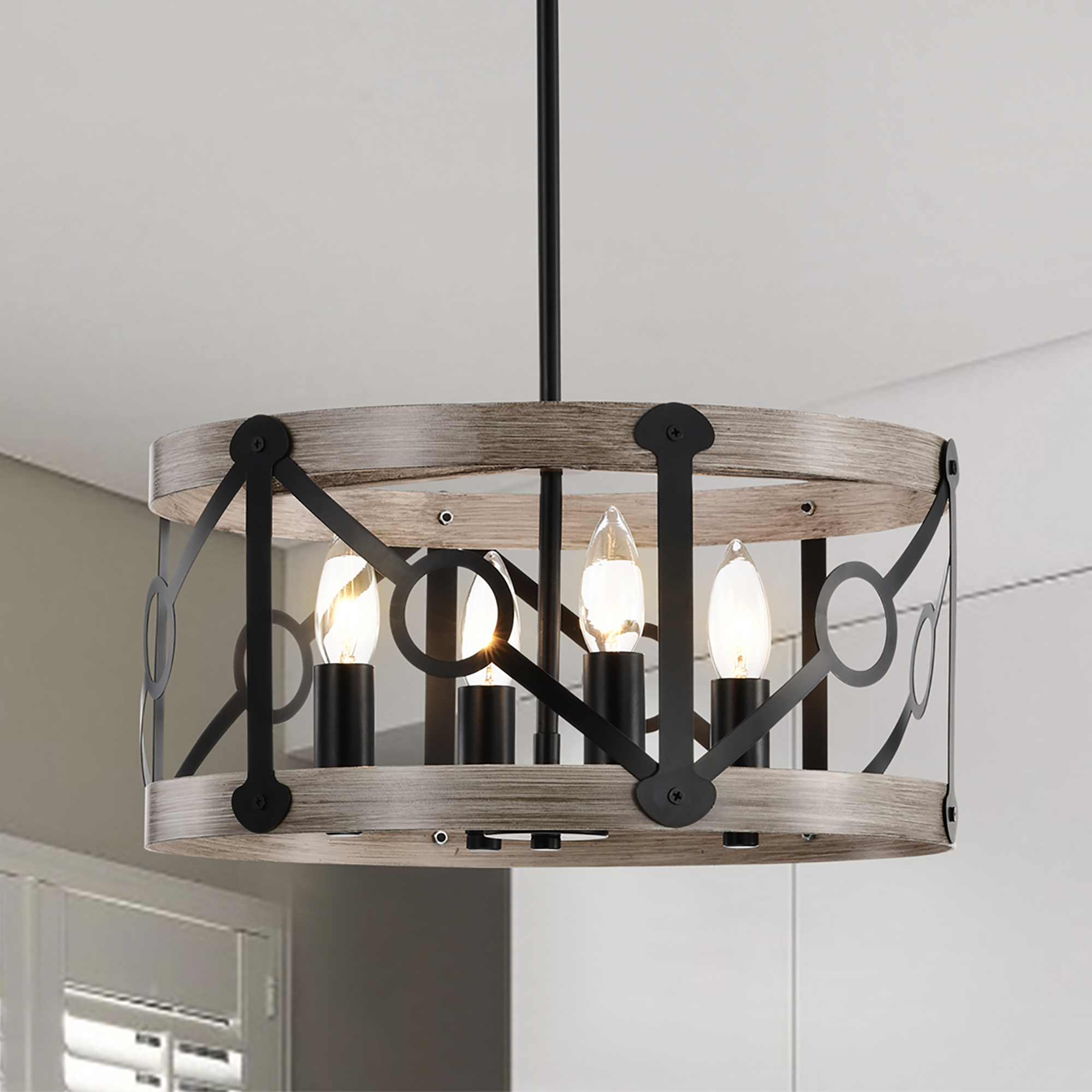 Copas 16 in. 4-Light Indoor Matte Black and Faux Wood Grain Finish Chandelier with Light Kit