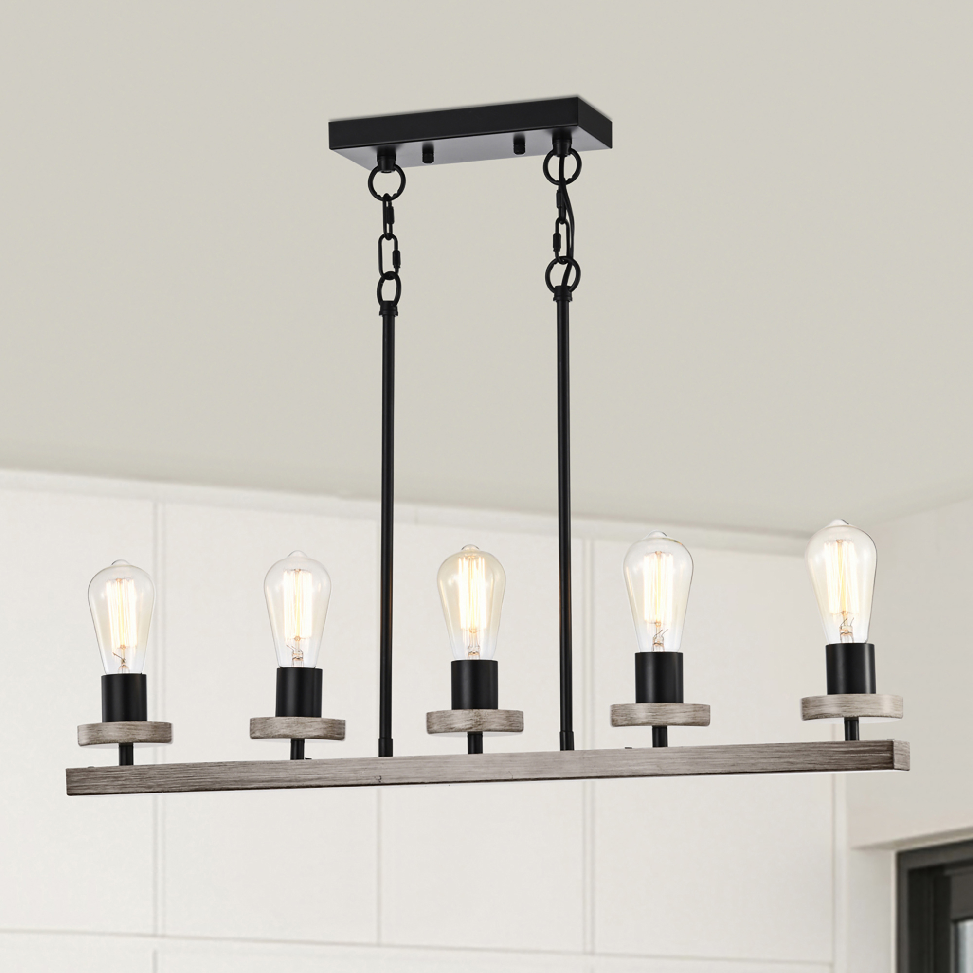Funa 30 in. 5-Light Indoor Matte Black and Faux Wood Grain Finish Chandelier with Light Kit