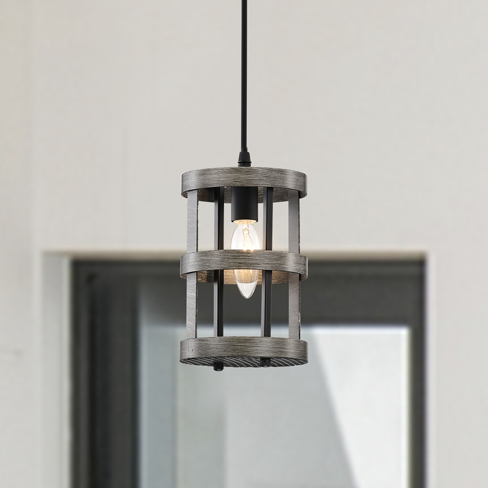 Dania 5 in. 1-Light Indoor Matte Black and Faux Wood Grain Finish Pendant Light with Light Kit