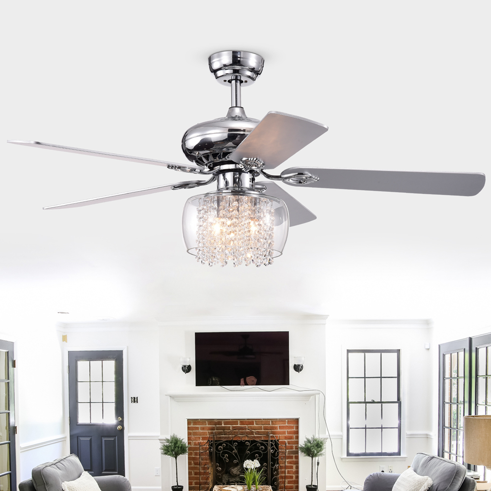 Ennie 5-Blade 52-inch Chrome Lighted Ceiling Fans with Glass and Crystal Shade (remote controlled)
