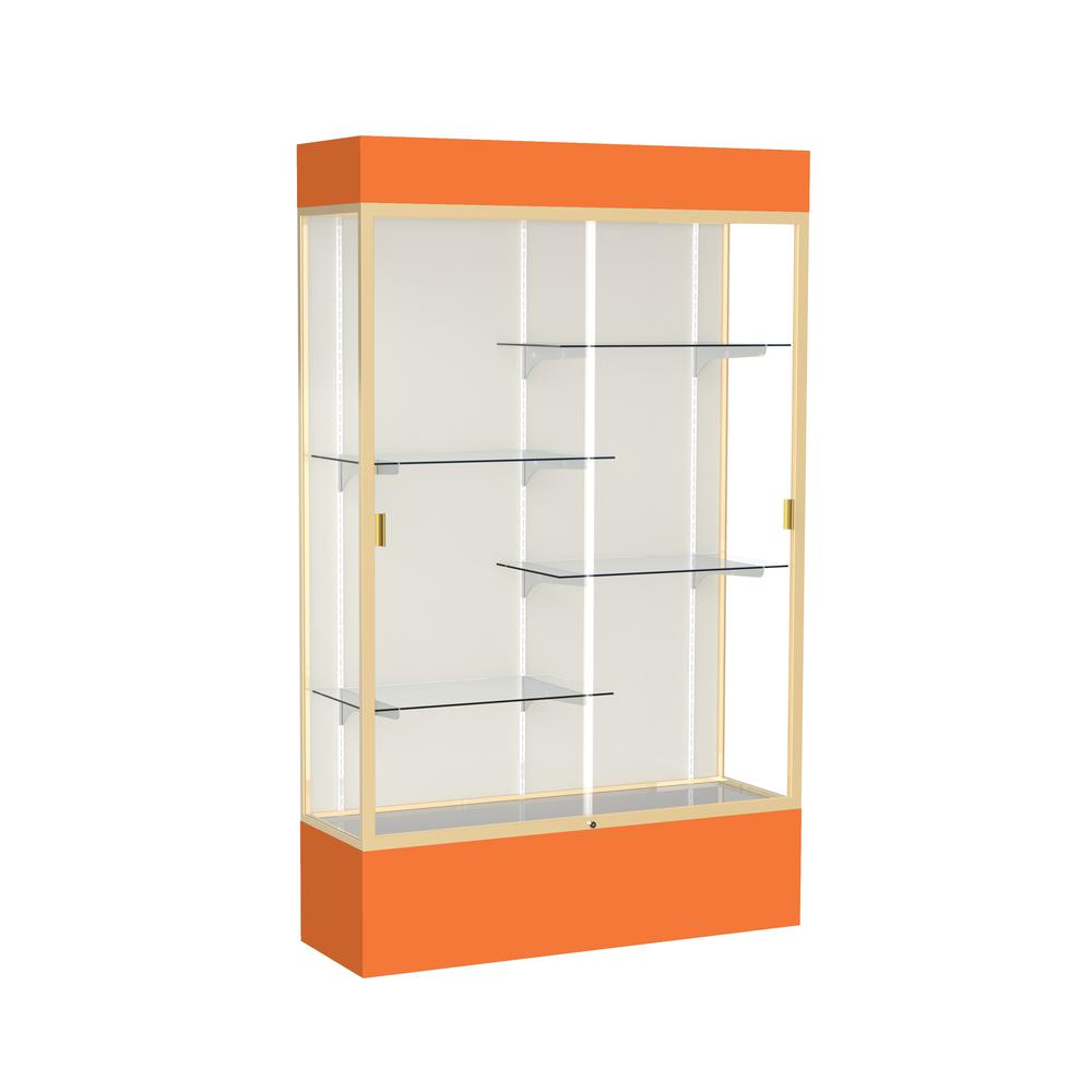 Spirit  48"W x 80"H x 16"D  Lighted Floor Case, Plaque Back, Champagne Finish, Orange Base and Top