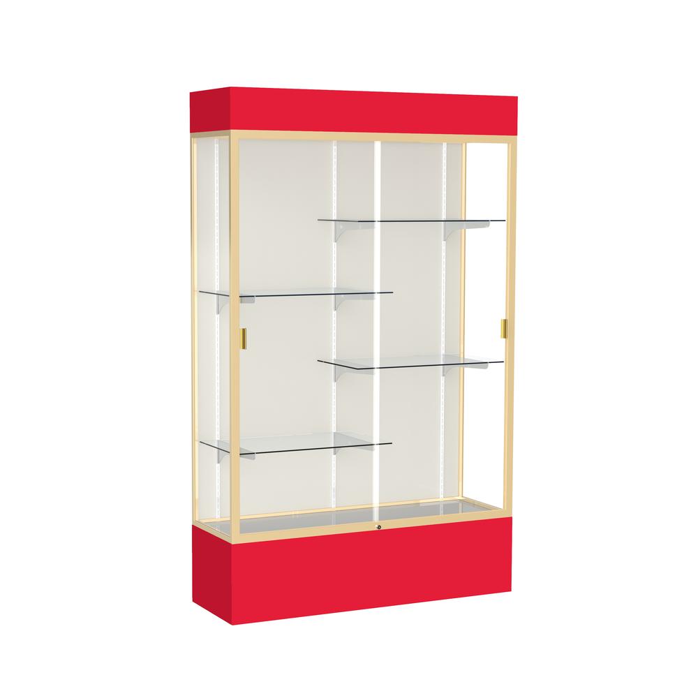 Spirit  48"W x 80"H x 16"D  Lighted Floor Case, Plaque Back, Champagne Finish, Red Base and Top