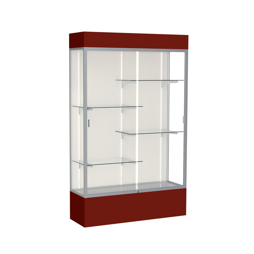 Spirit  48"W x 80"H x 16"D  Lighted Floor Case, Plaque Back, Satin Finish, Maroon Base and Top