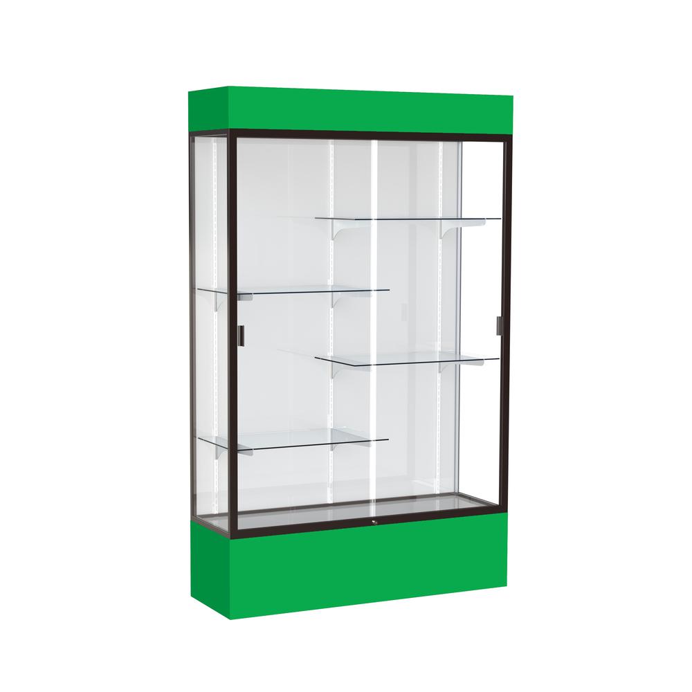 Spirit  48"W x 80"H x 16"D  Lighted Floor Case, White Back, Dk. Bronze Finish, Kelly Green Base and Top