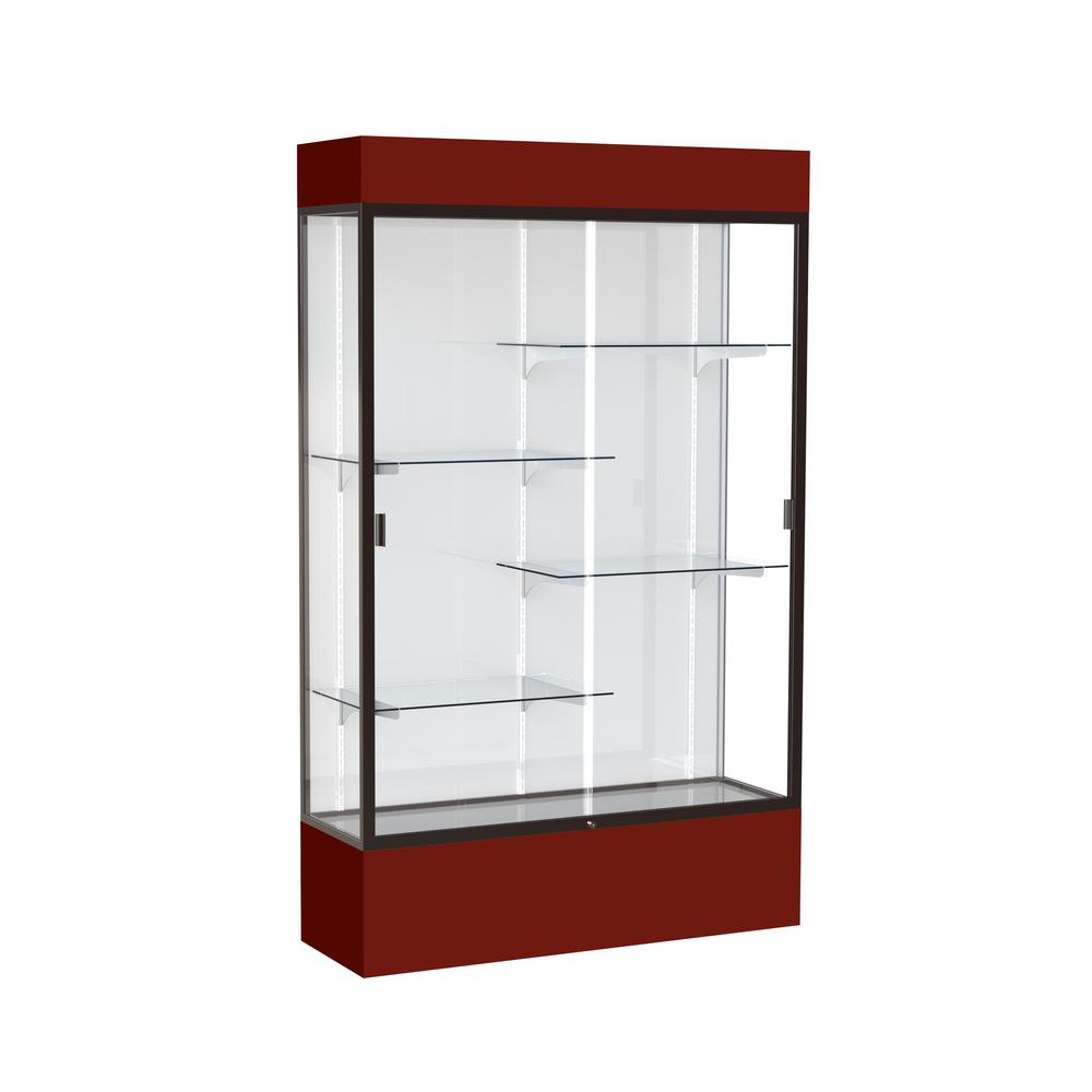 Spirit  48"W x 80"H x 16"D  Lighted Floor Case, White Back, Dk. Bronze Finish, Maroon Base and Top