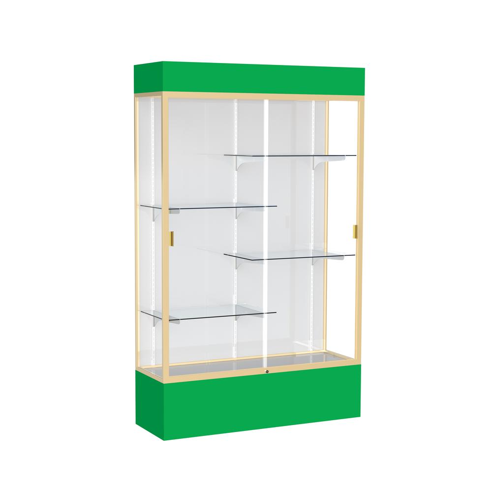 Spirit  48"W x 80"H x 16"D  Lighted Floor Case, White Back, Champagne Finish, Kelly Green Base and Top