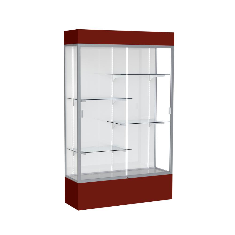 Spirit  48"W x 80"H x 16"D  Lighted Floor Case, White Back, Satin Finish, Maroon Base and Top