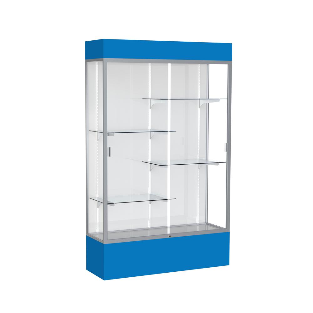 Spirit  48"W x 80"H x 16"D  Lighted Floor Case, White Back, Satin Finish, Royal Blue Base and Top