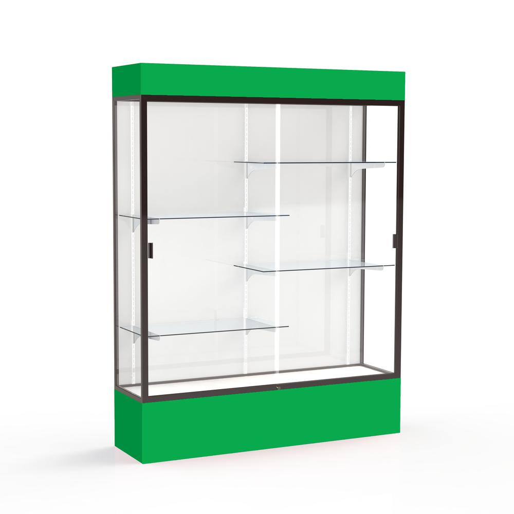 Spirit  60"W x 80"H x 16"D  Lighted Floor Case, White Back, Dk. Bronze Finish, Kelly Green Base and Top