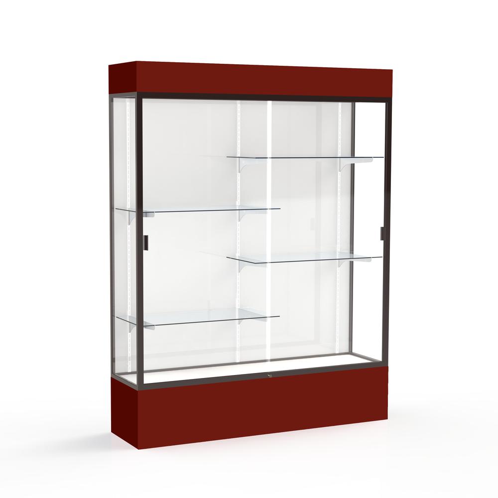 Spirit  60"W x 80"H x 16"D  Lighted Floor Case, White Back, Dk. Bronze Finish, Maroon Base and Top