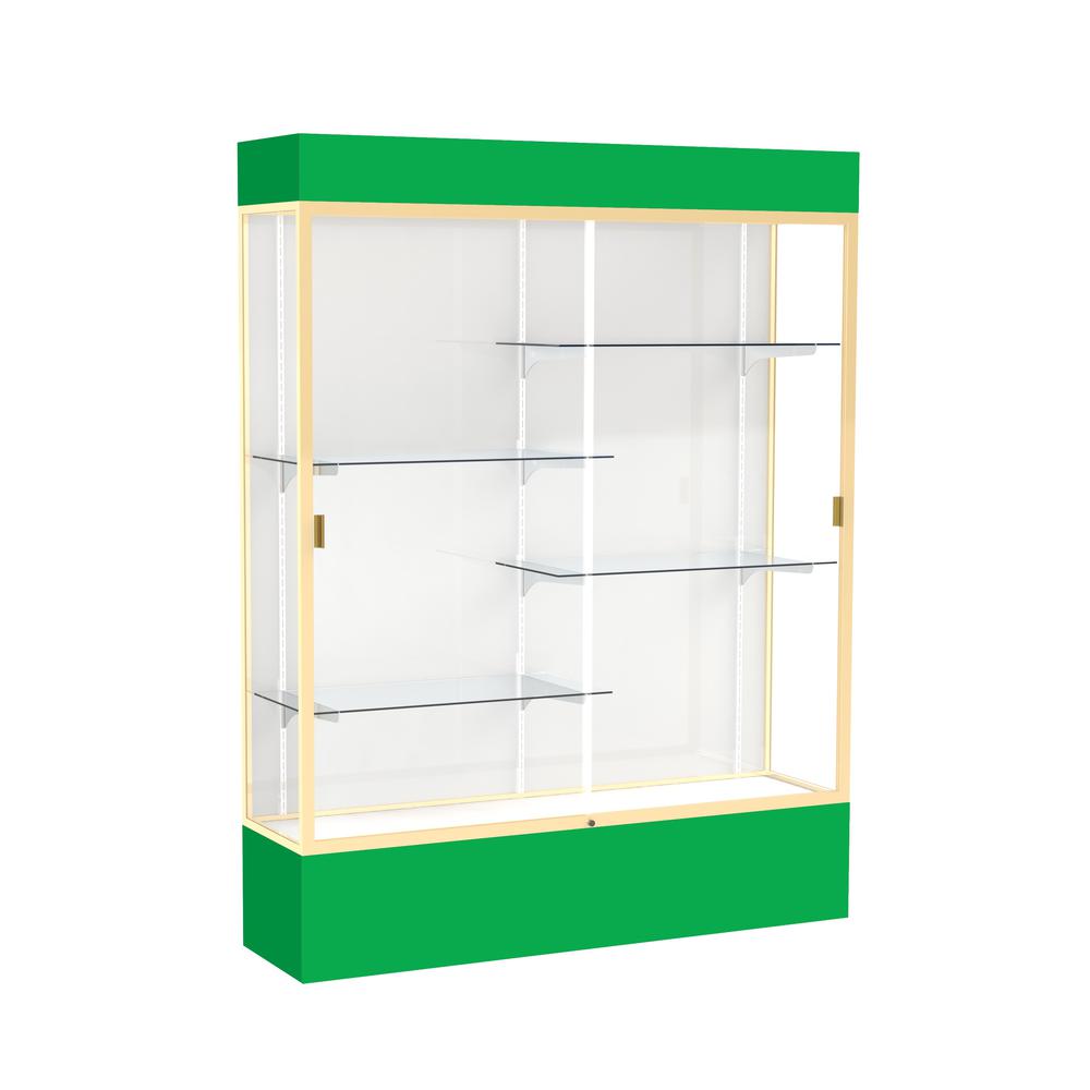 Spirit  60"W x 80"H x 16"D  Lighted Floor Case, White Back, Champagne Finish, Kelly Green Base and Top