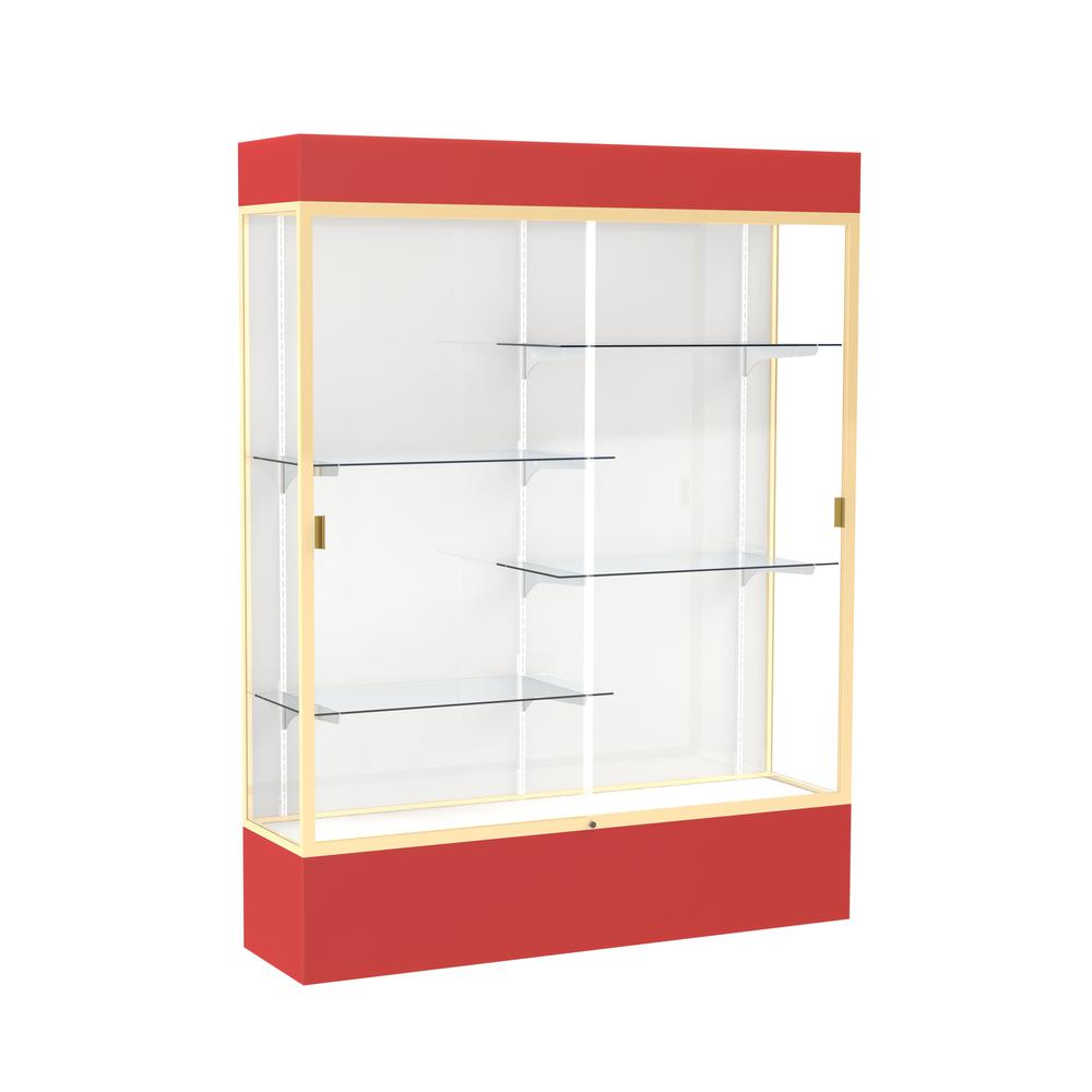Spirit  60"W x 80"H x 16"D  Lighted Floor Case, White Back, Champagne Finish, Red Base and Top