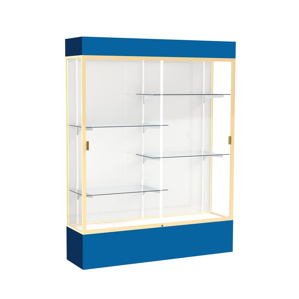 Spirit  60"W x 80"H x 16"D  Lighted Floor Case, White Back, Champagne Finish, Royal Blue Base and Top